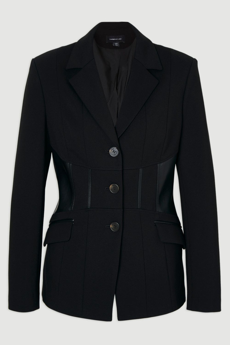 Ponte And Pu Mix Waist Seam Detail Tailored Single Breasted Blazer 4