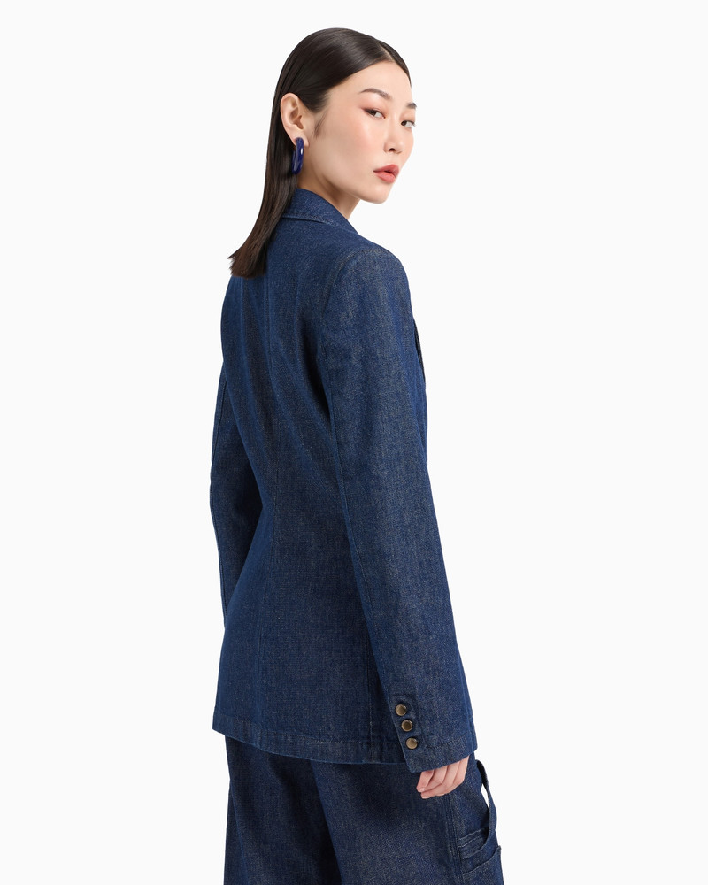 Double-breasted 11 oz denim blazer with logo leather pocket 3
