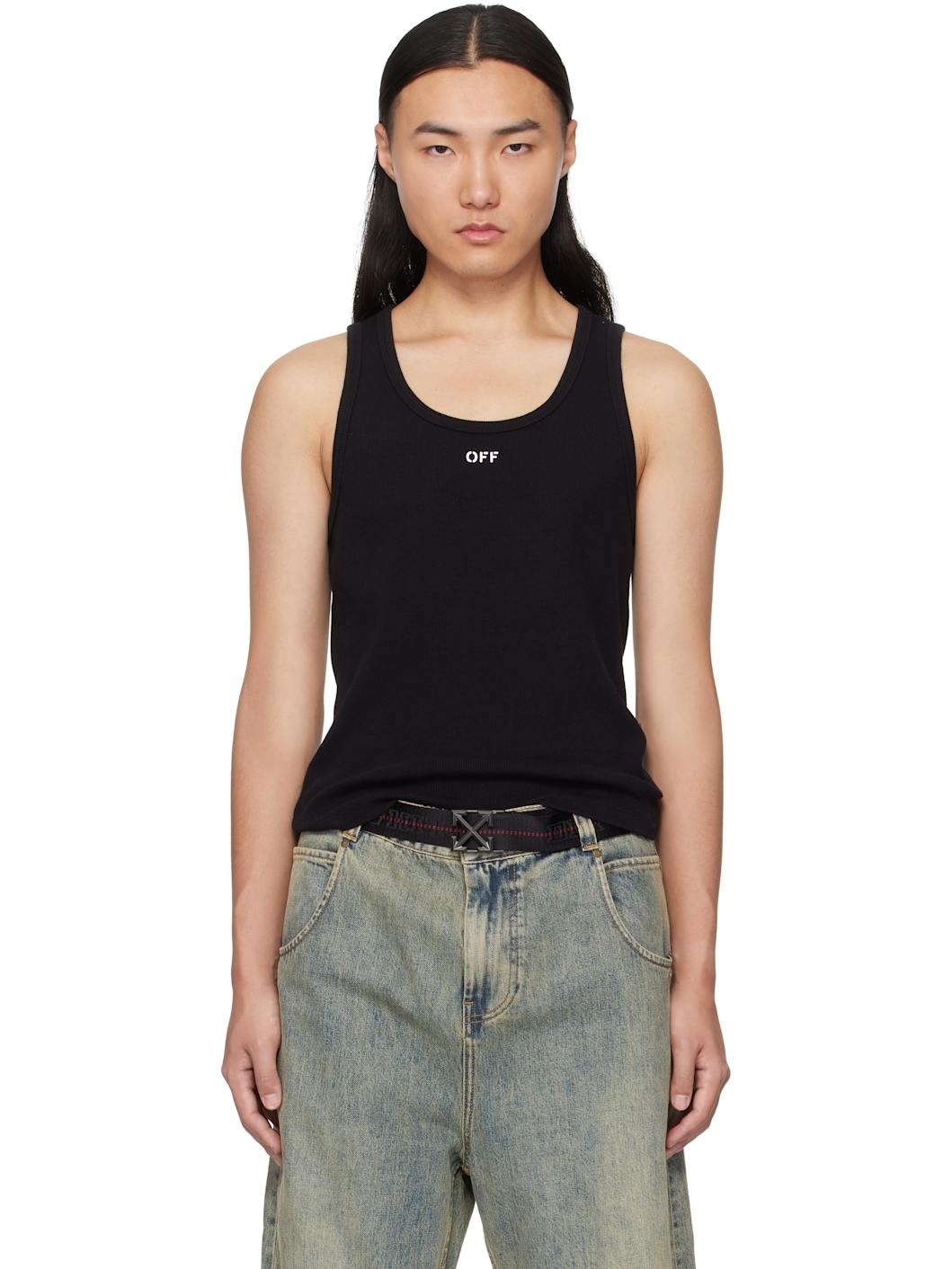 Black 'Off' Stamp Rib Tank Top - 1