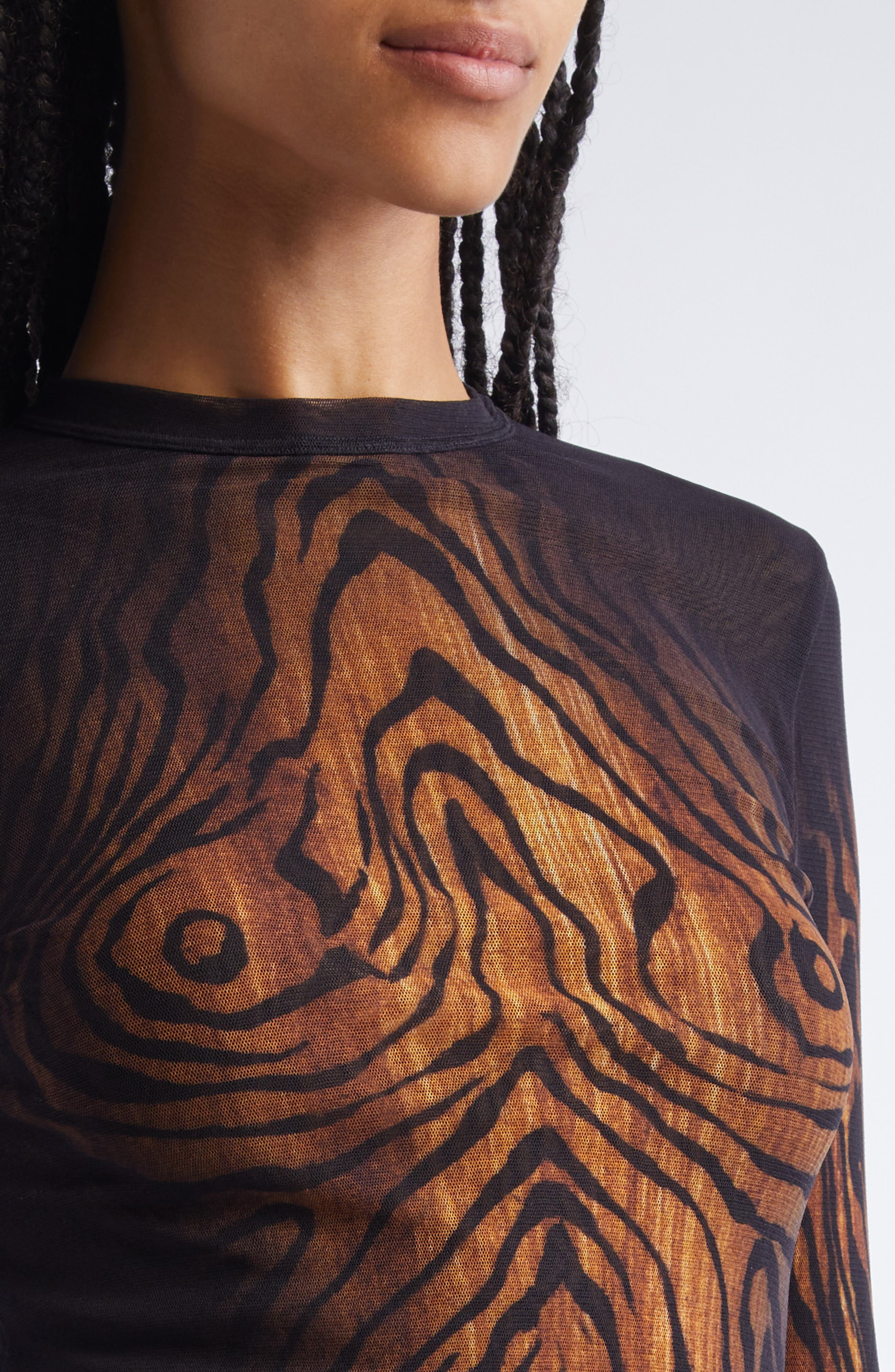 Jean Paul Gaultier Stripe Long Sleeve Mesh Top in Black/Brown at Nordstrom - 3