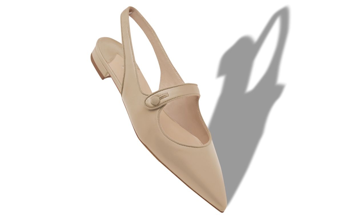 Beige Nappa Leather Slingback Flat Pumps - 2