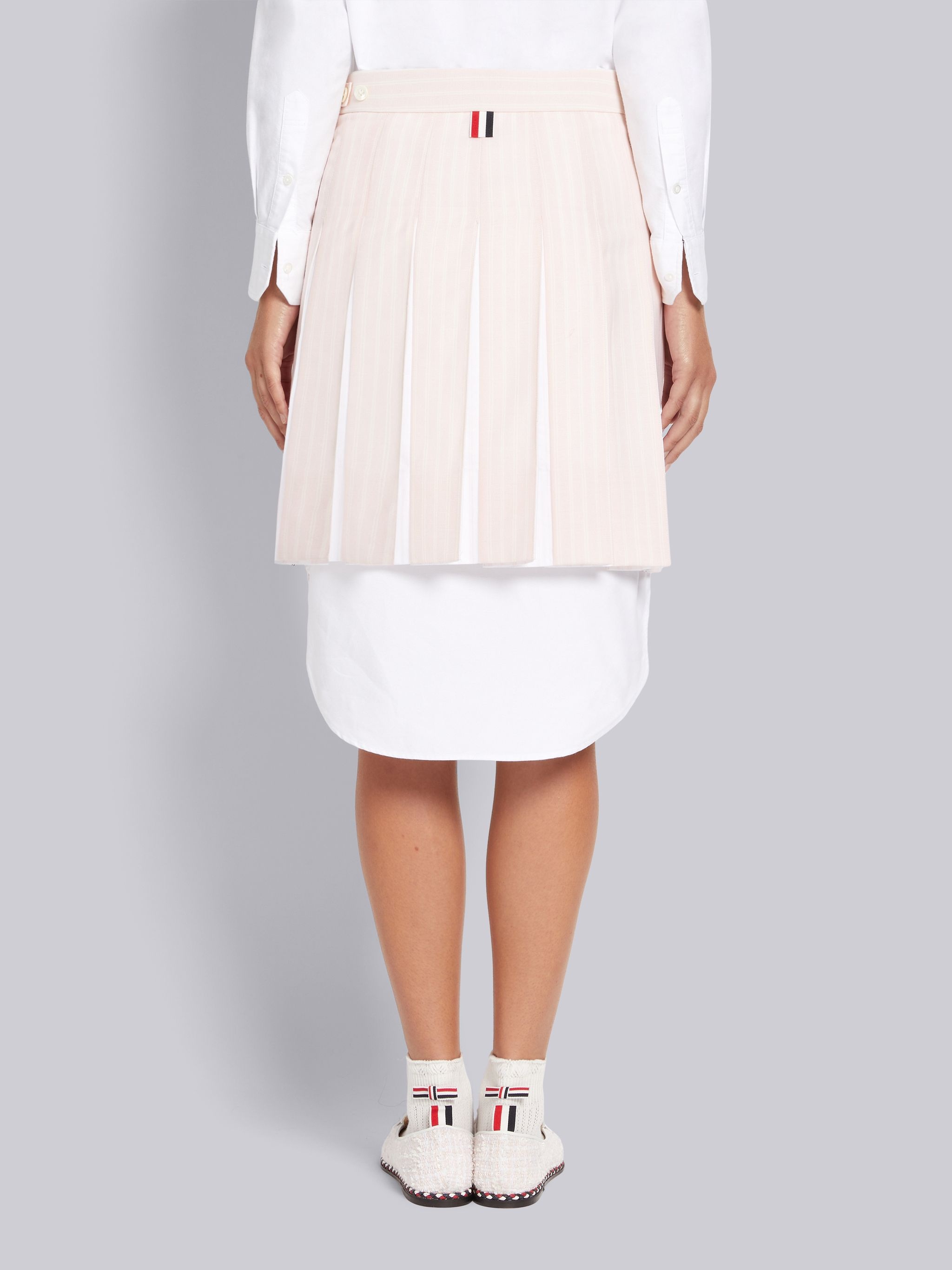 Light Pink Hairline Stripe Twist Yarn Suiting Oxford Pleat Dropped Back Pleated Mini Skirt - 3