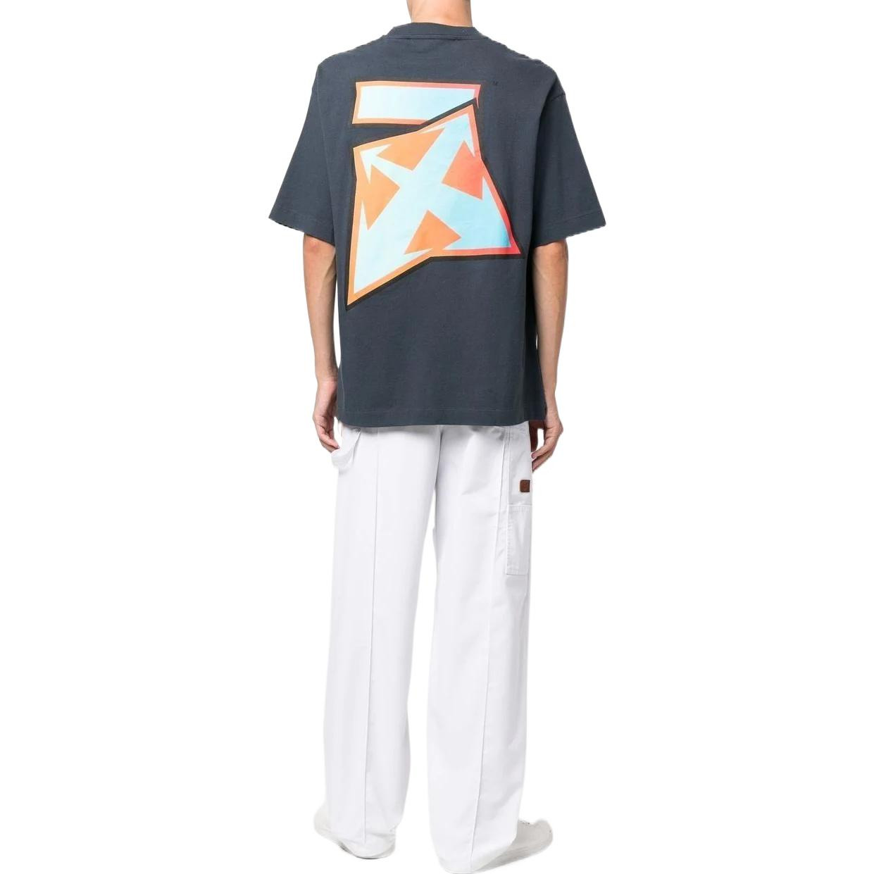 Men's Off-White FW22 Pattern Printing Round Neck Short Sleeve Loose Fit Navy Blue T-Shirt OMAA120F22 - 3