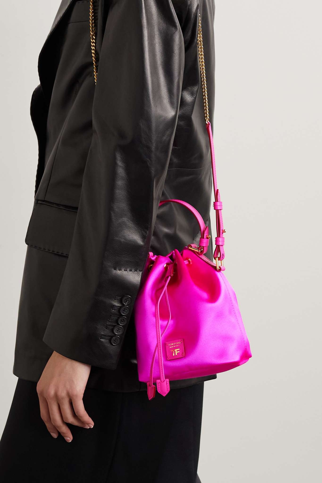 Disco small leather-trimmed satin bucket bag - 6