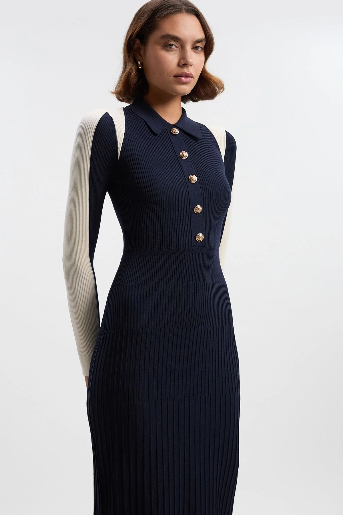 Rib Knit Military Colour Block Midi Dress - 1