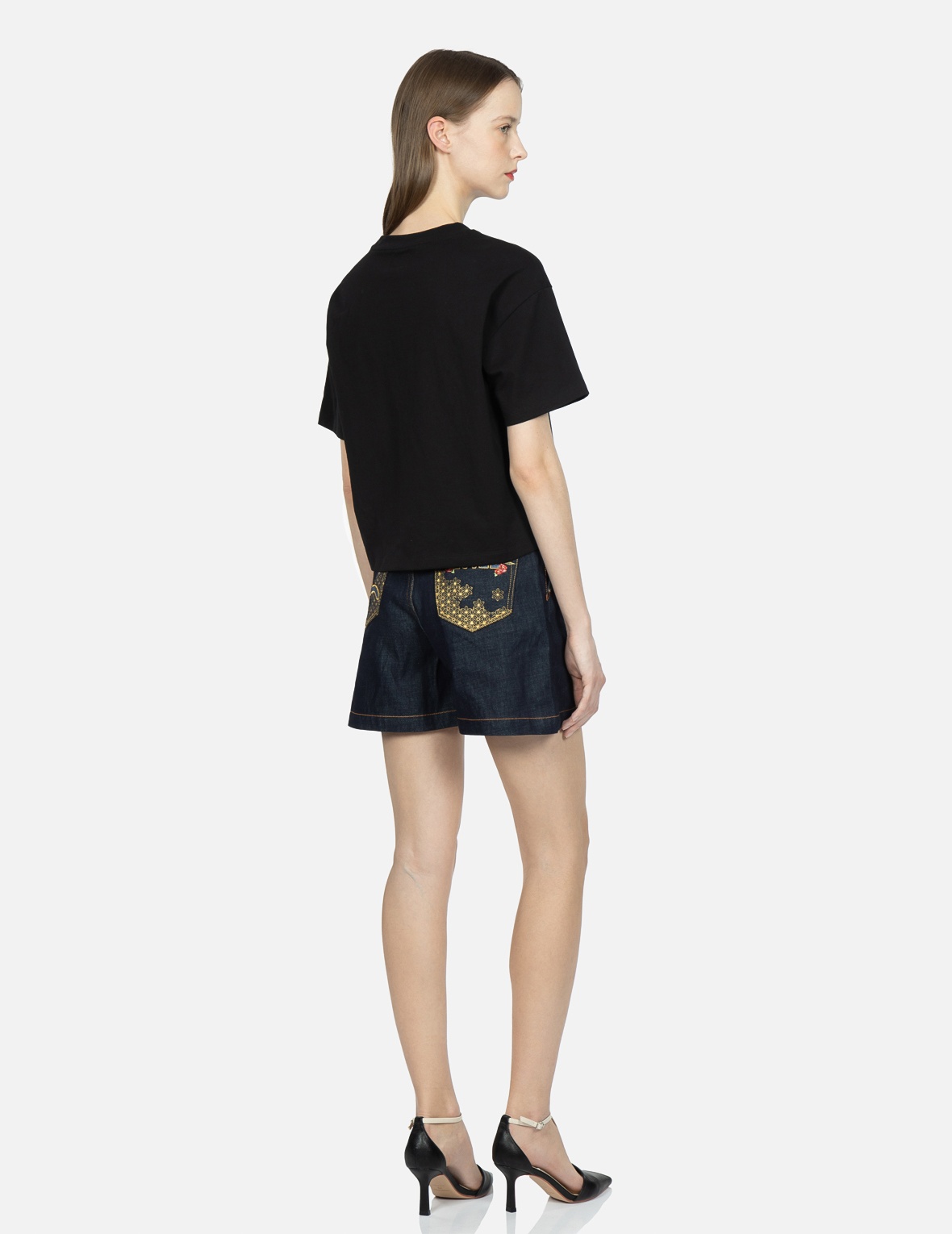 SEAGULL AND LOGO GRADATED EMBROIDERY DENIM SHORTS - 3