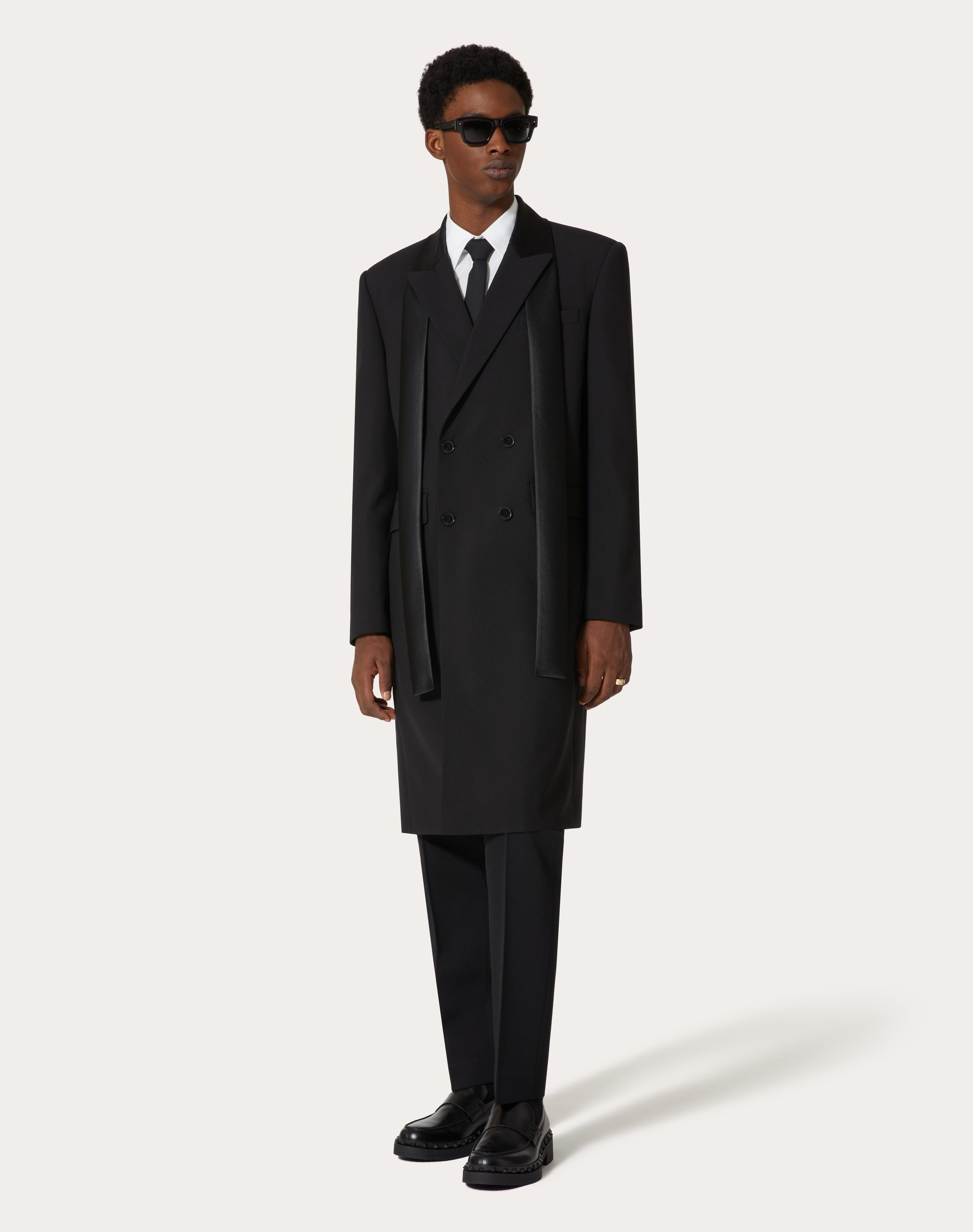 DOUBLE-BREASTED WOOL COAT WITH NYLON SCARF COLLAR - 3