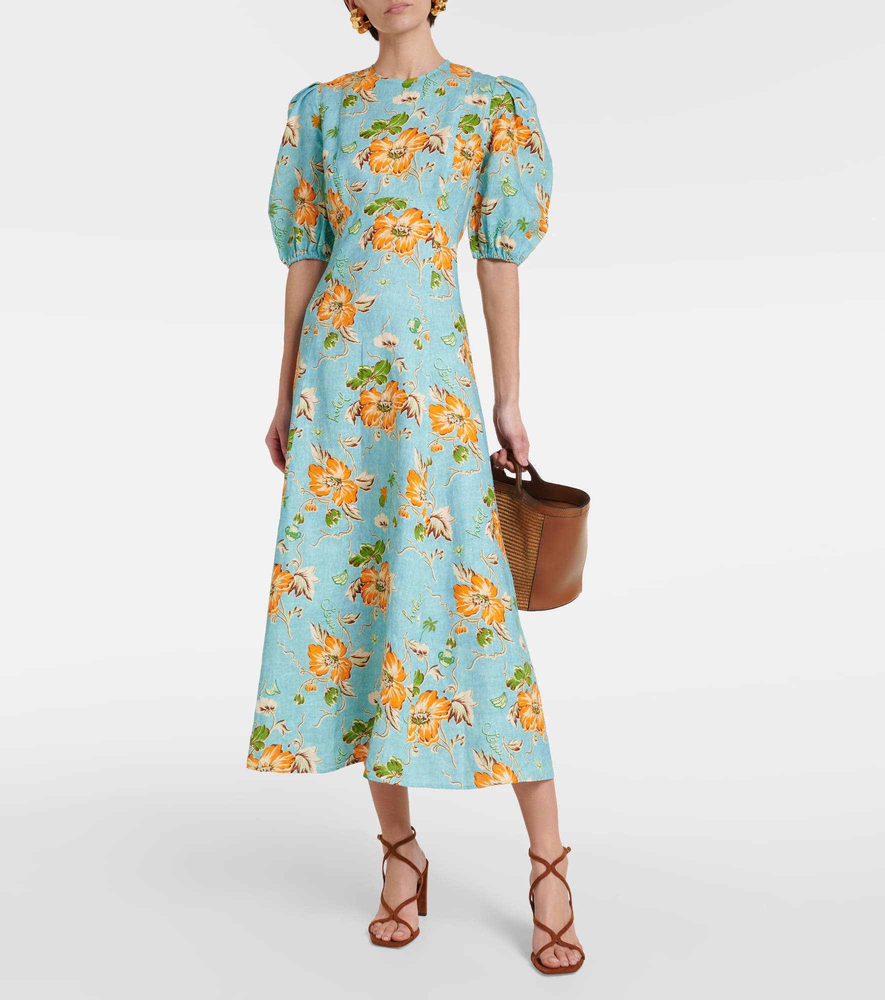 Floral puff-sleeve linen midi dress - 2