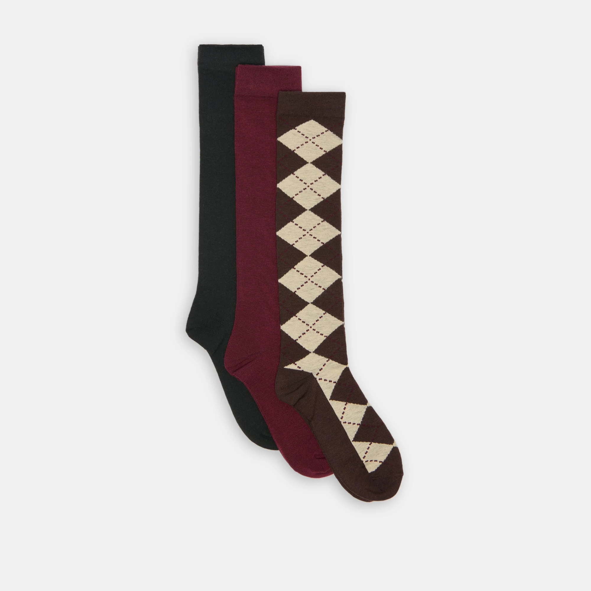 3 PACK ARGYLE KNEE HIGH SOCKS BROWN MULTI - 1
