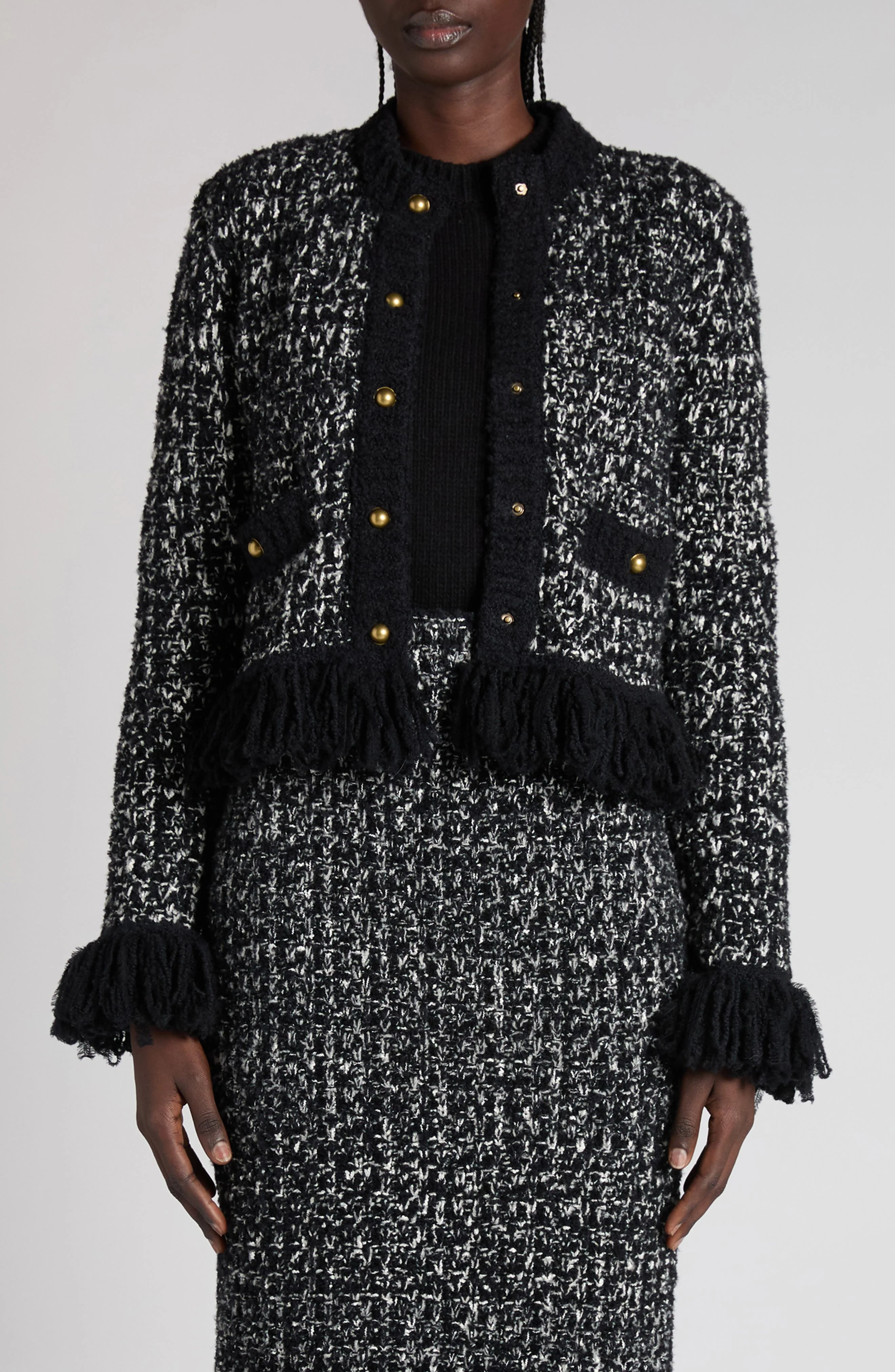 Moncler Fringed Mixed Media Jacket in Black/White at Nordstrom - 1