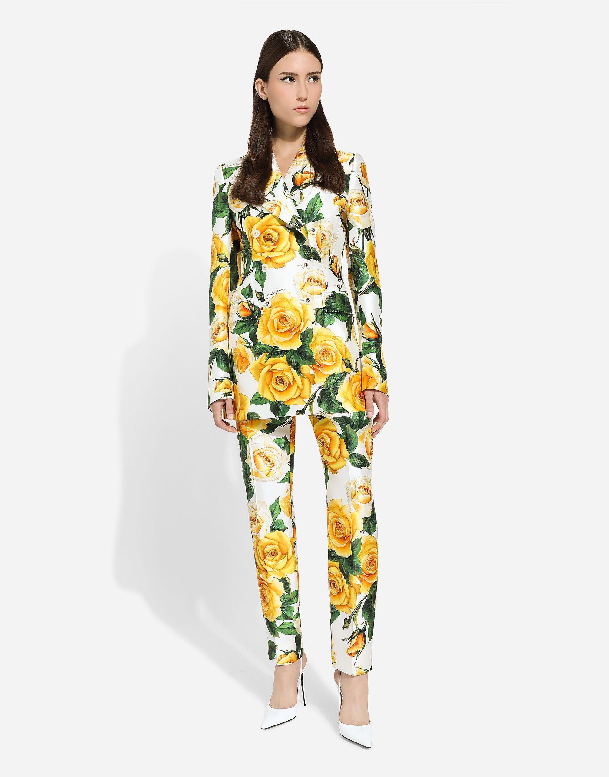 High-waisted mikado pants with yellow rose print - 2