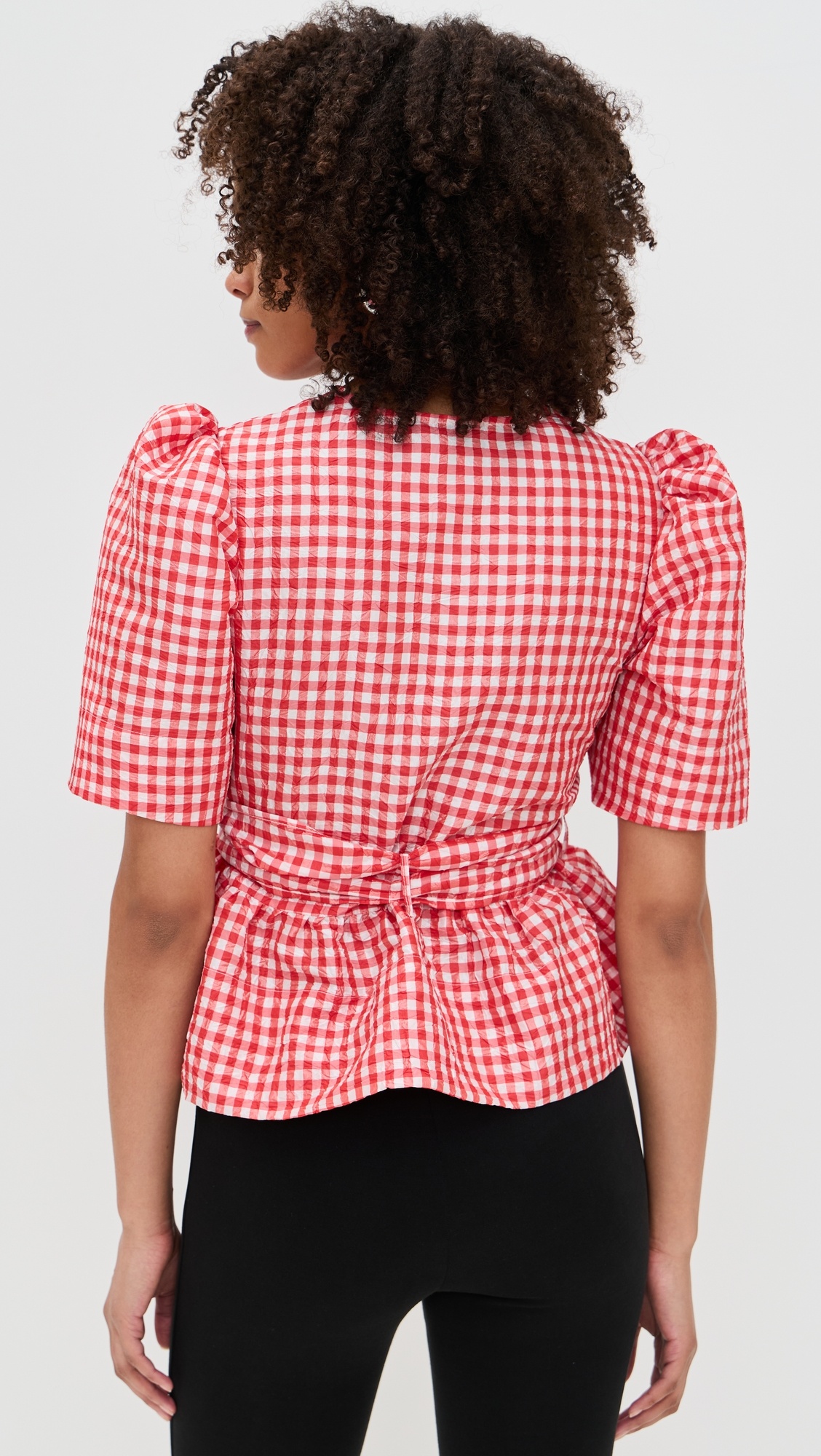 Crinkled Taffeta Check Tie Strap Blouse - 3