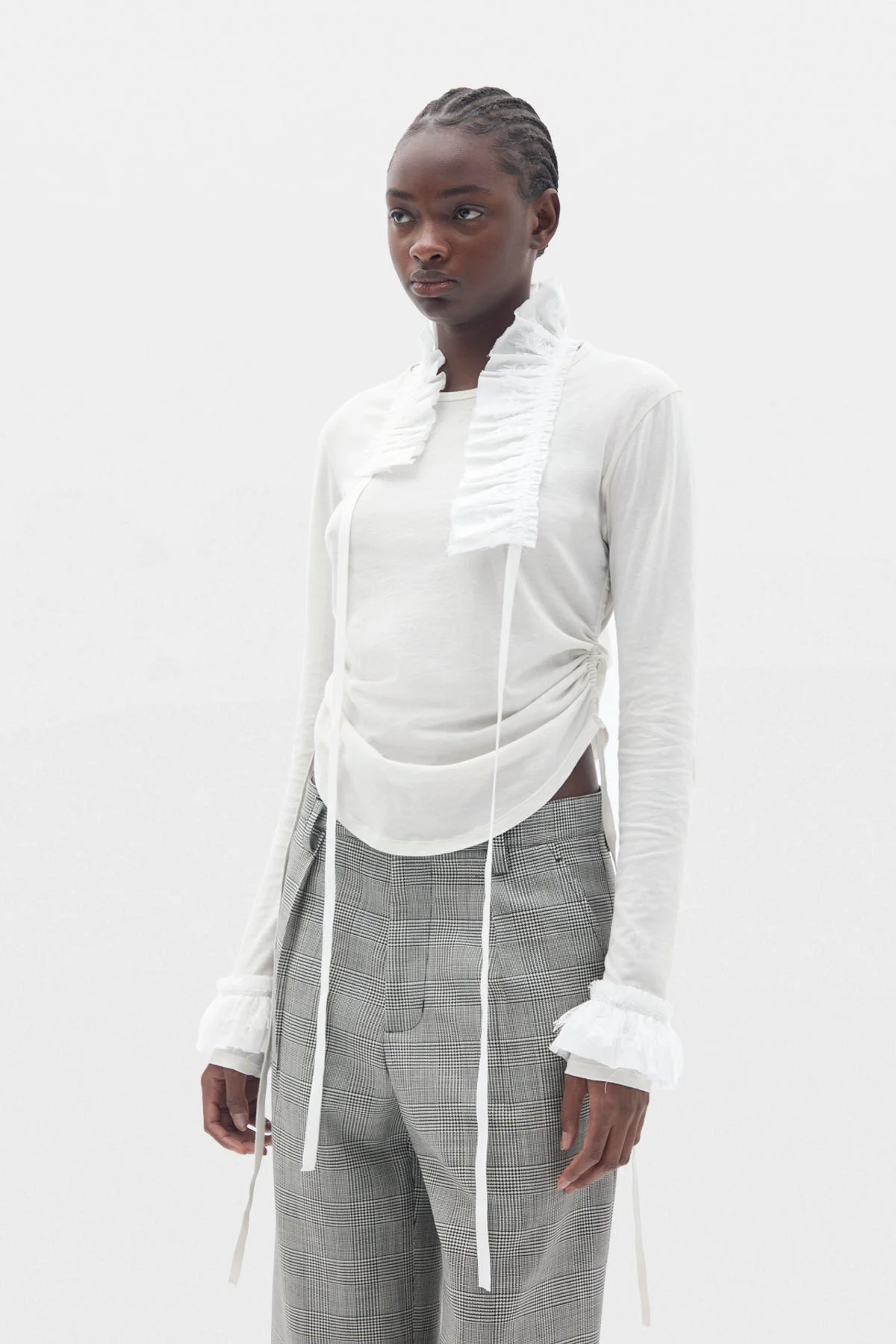 Inna Wrinkled Cropped Long SLeeve Top With Ruffled Collar and Cuffs - 1