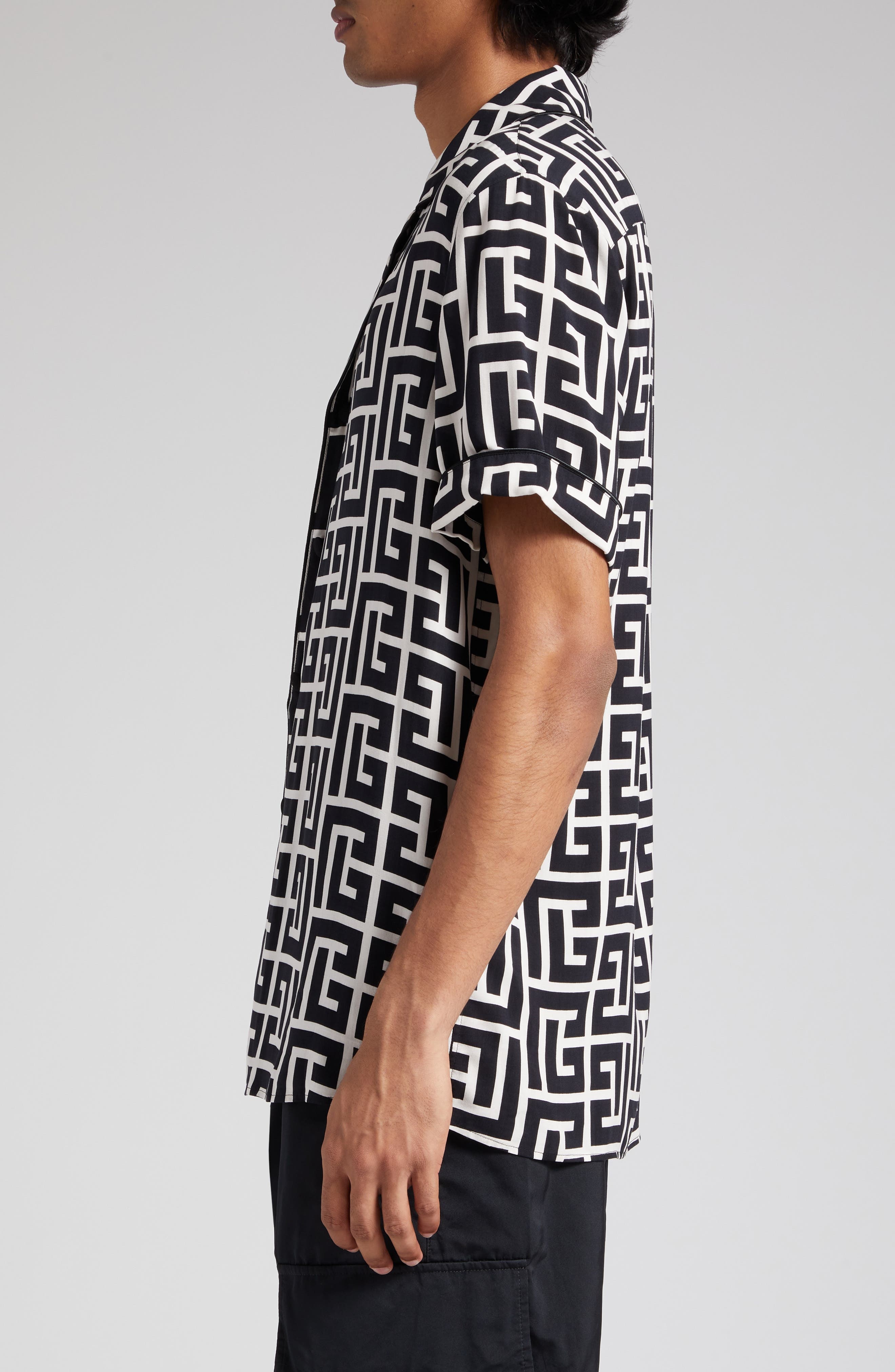 Balmain Macro Monogram Short Sleeve Pajama Shirt in Ivory/Black at Nordstrom - 4