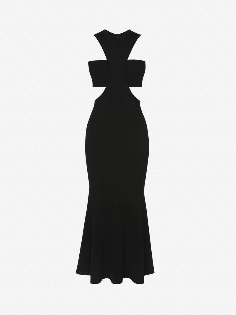 Women's Ribbed Knit Slashed Harness Dress in Black - 1