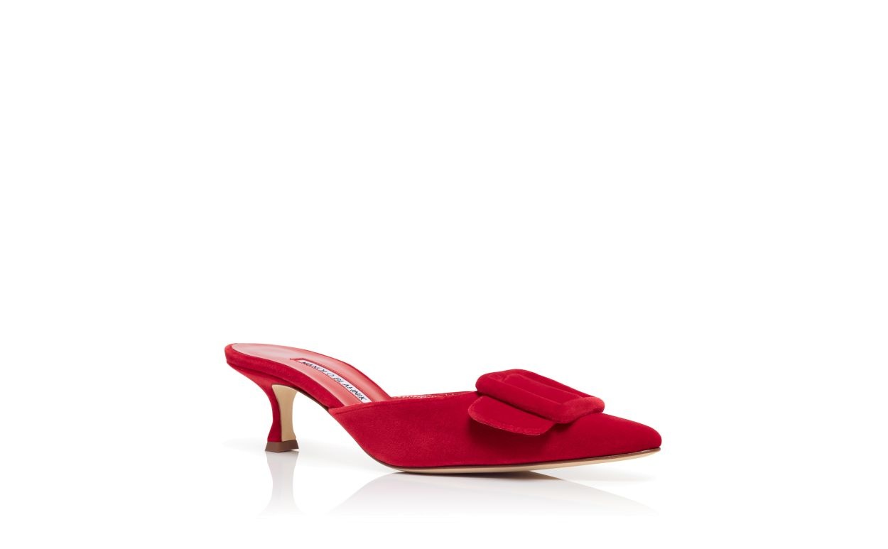 Red Velvet Buckle Detail Mules - 3