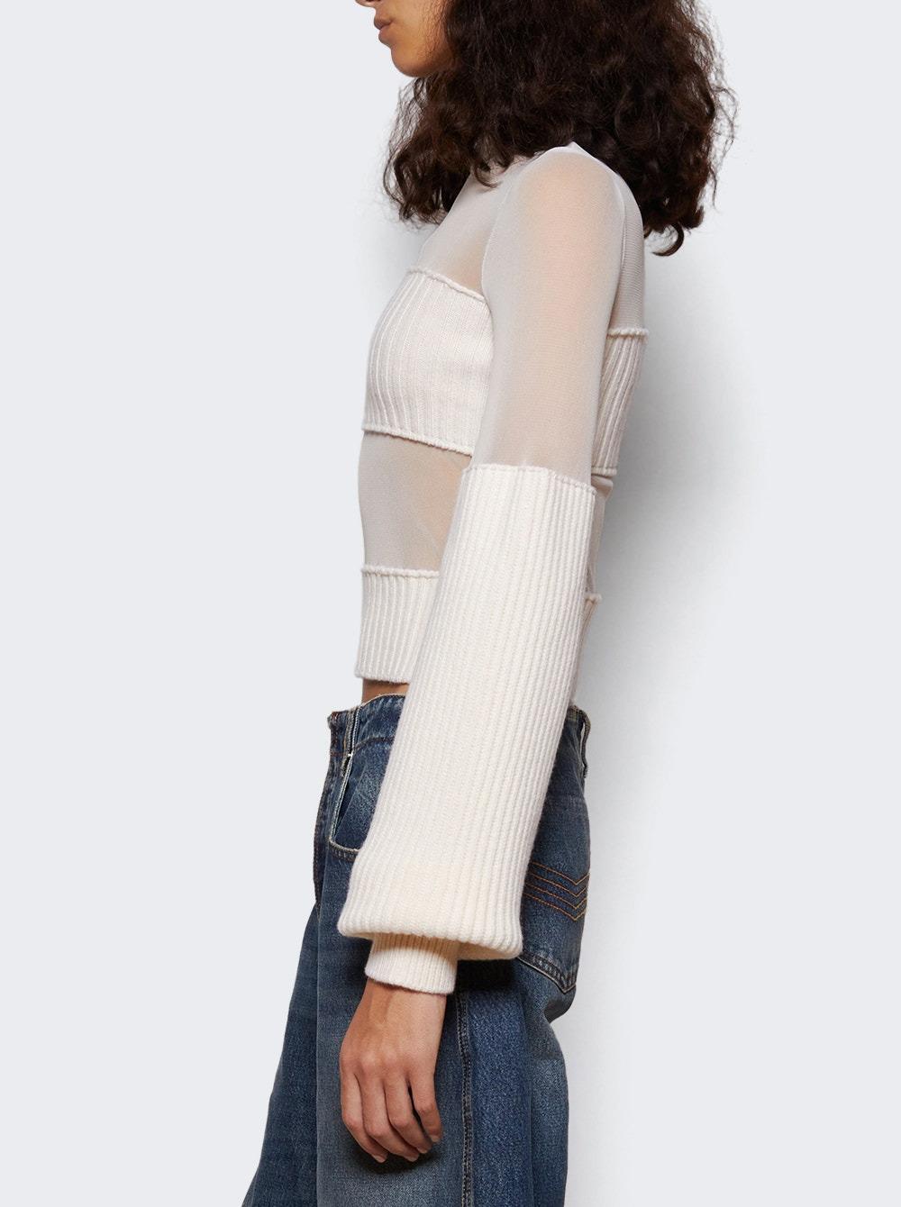 Ribbed Wool And Mesh Long Sleeve Sweater Ecru - 3