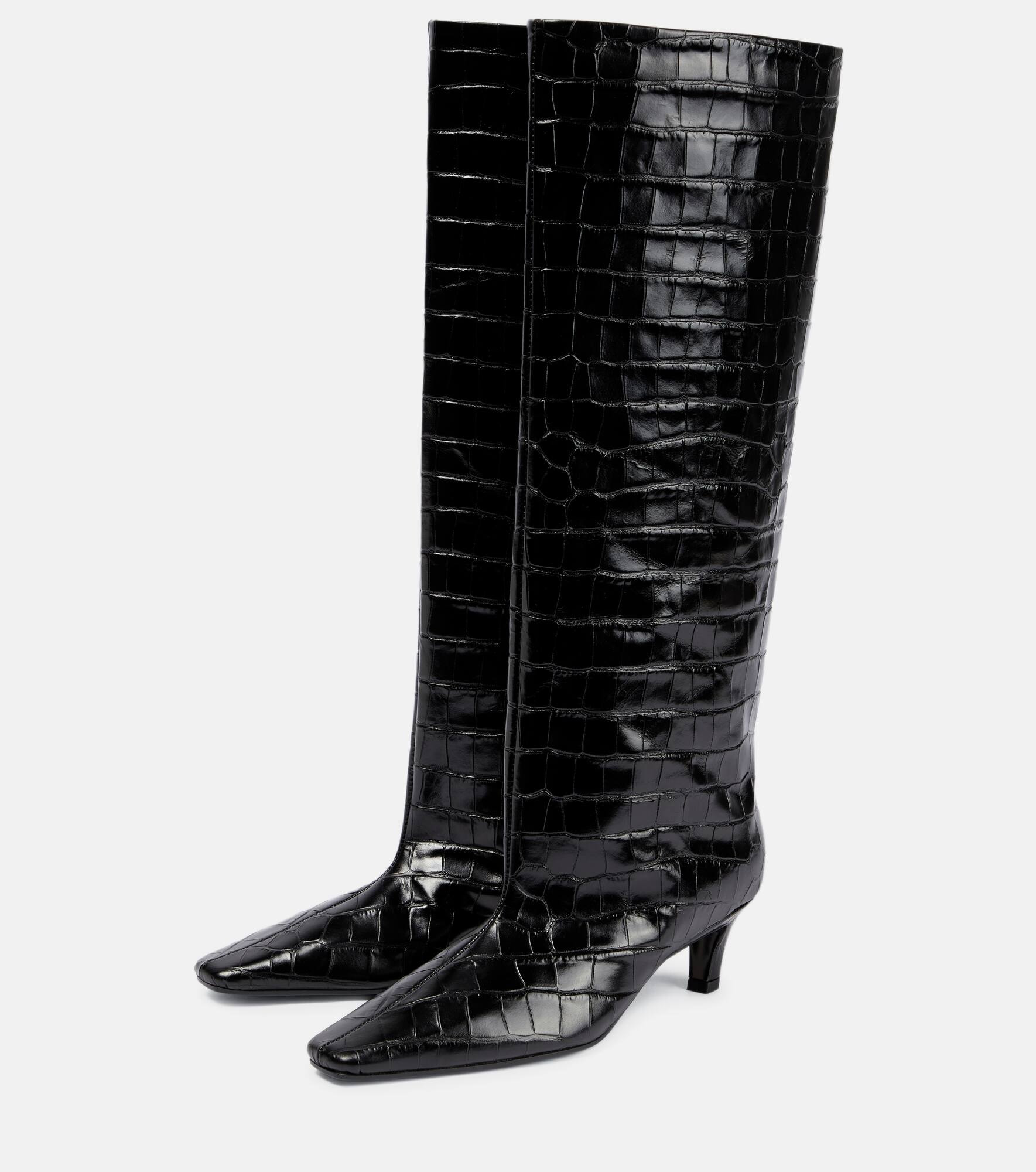Croc-effect leather knee-high boots - 5