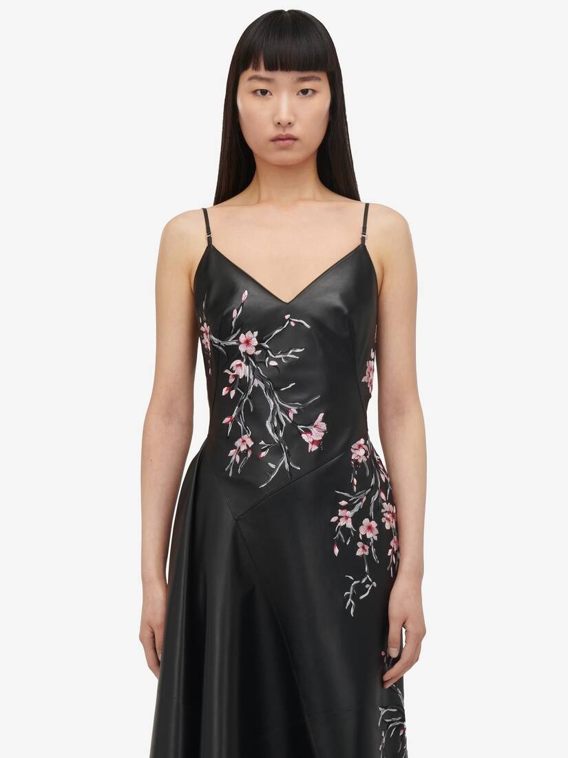Women's Cherry Blossom Leather Dress in Black/pink/ivory - 6