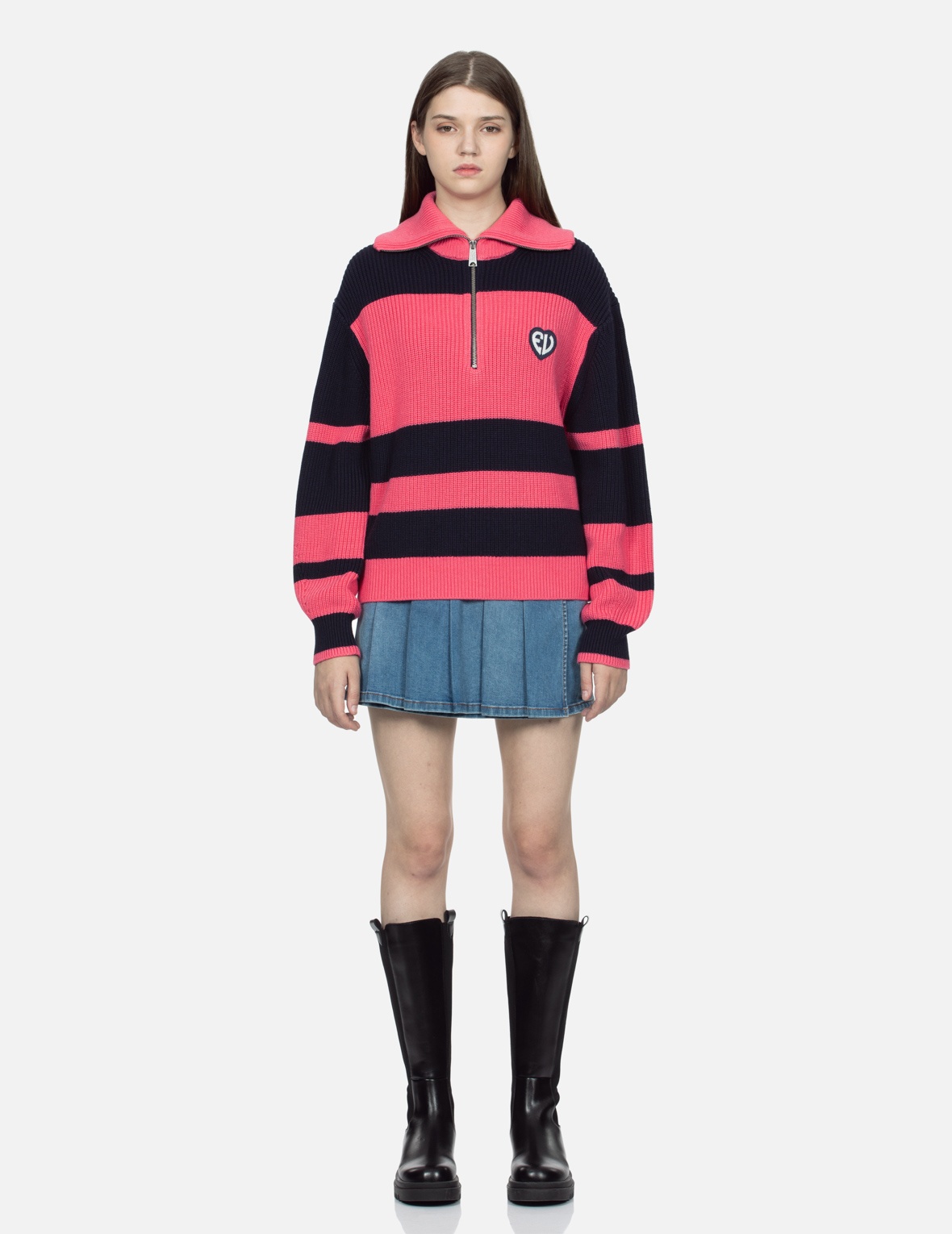 “EV” HEART BADGE STRIPED CROPPED HALF-ZIP SWEATER - 5