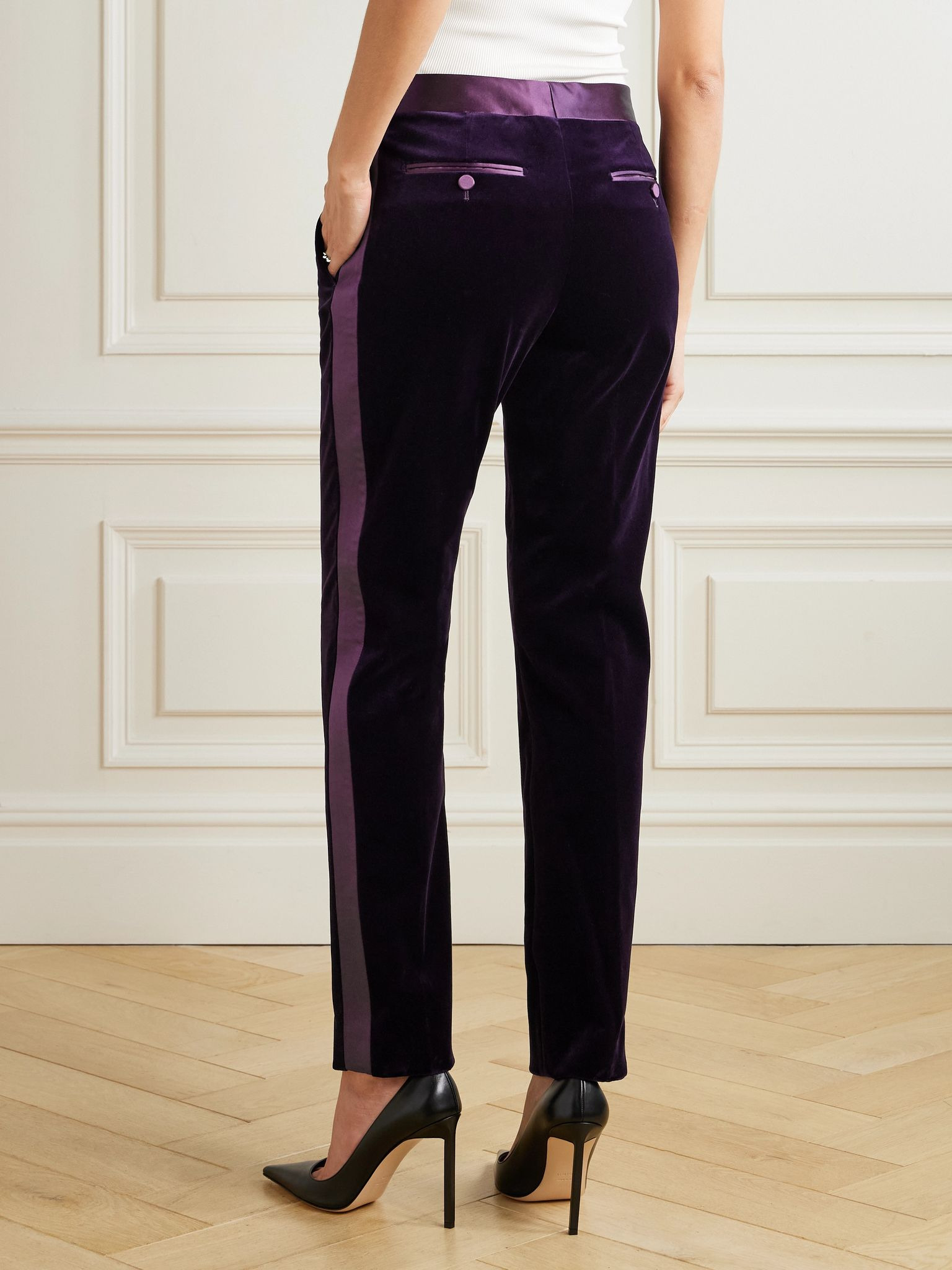 Satin-trimmed cotton-blend velvet straight-leg pants Dark purple - 4