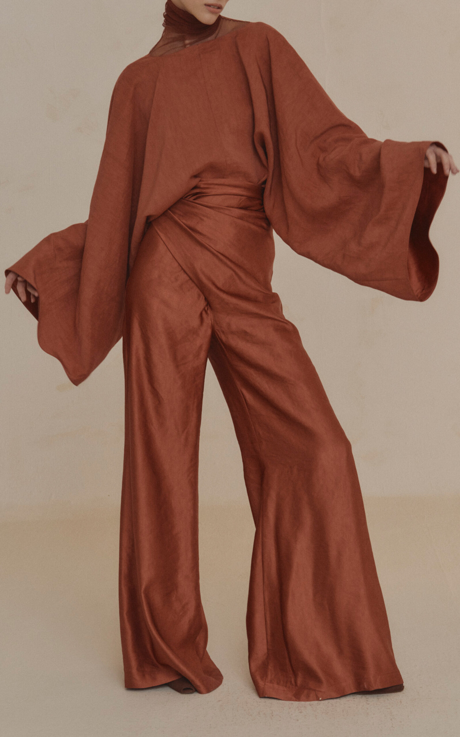 Glow Linen-Blend Wide-Leg Wrap Pants red - 4