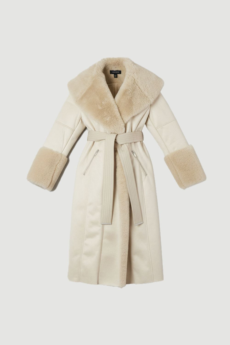 Faux Shearling Collar & Cuff Belted Midi Coat - 1