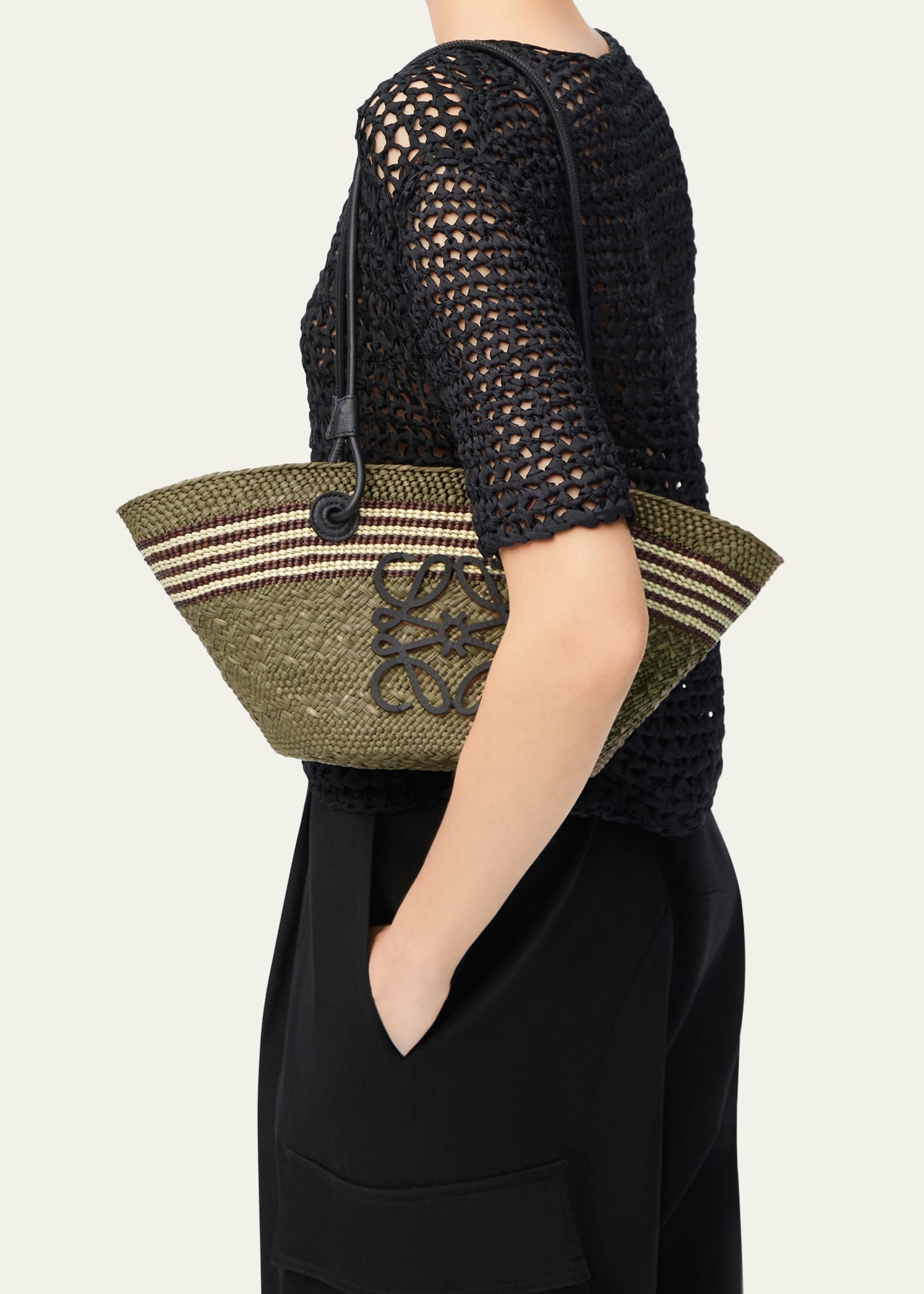 Small Anagram Striped Straw Tote Bag - 5