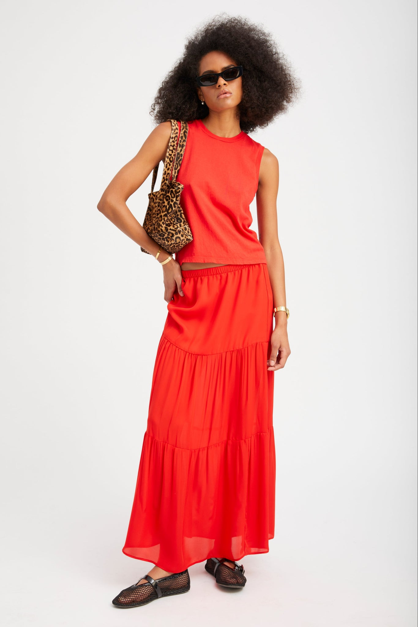 RED SILK TIERED MAXI SKIRT - 5