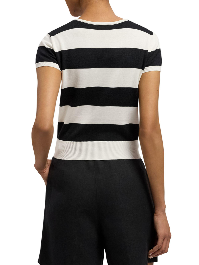 Women's Striped Cotton-Silk Short-Sleeve Sweater - Lux Cream Black 5