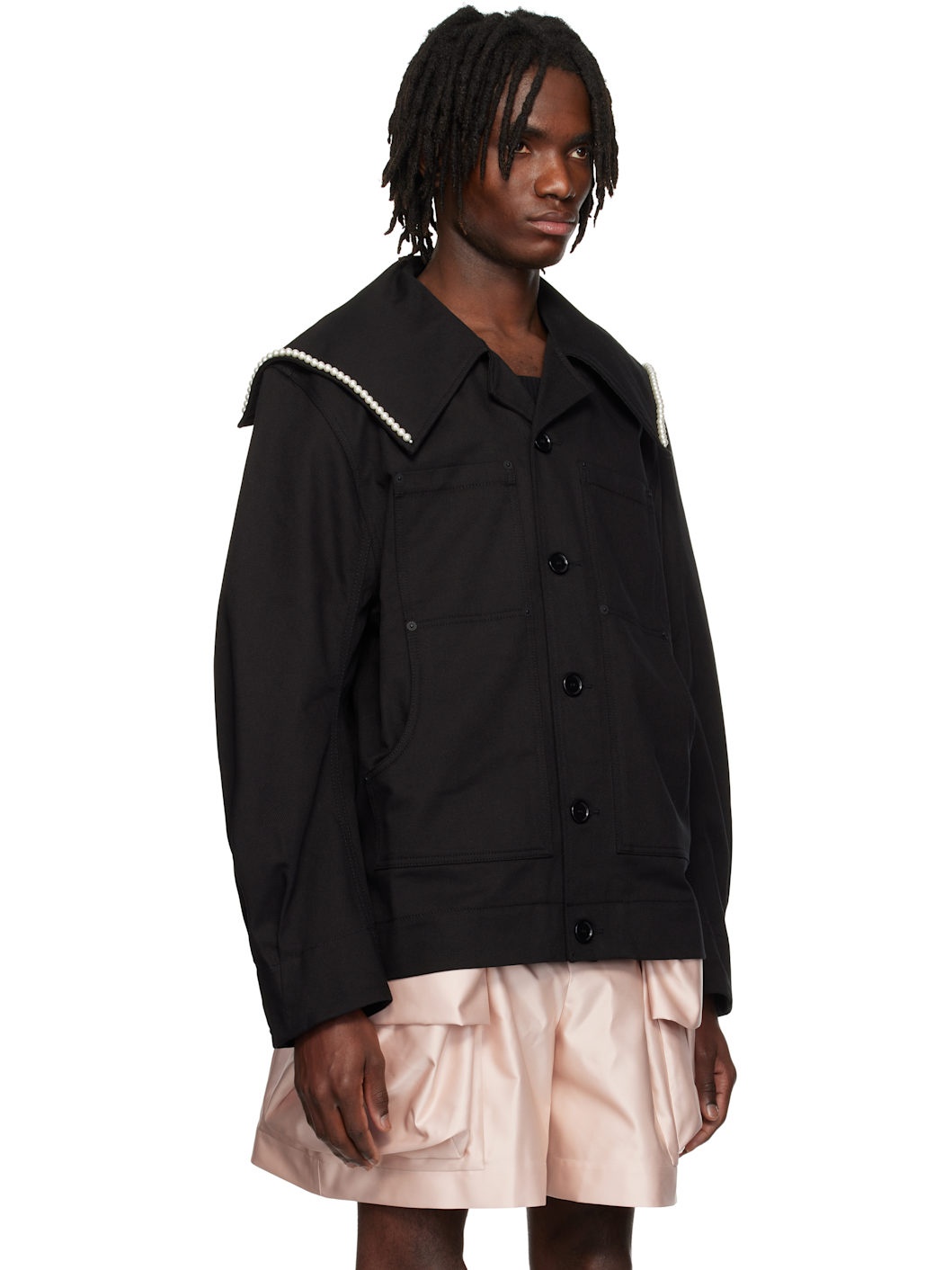 Black Beaded Sailor Collar Workwear Jacket - 2