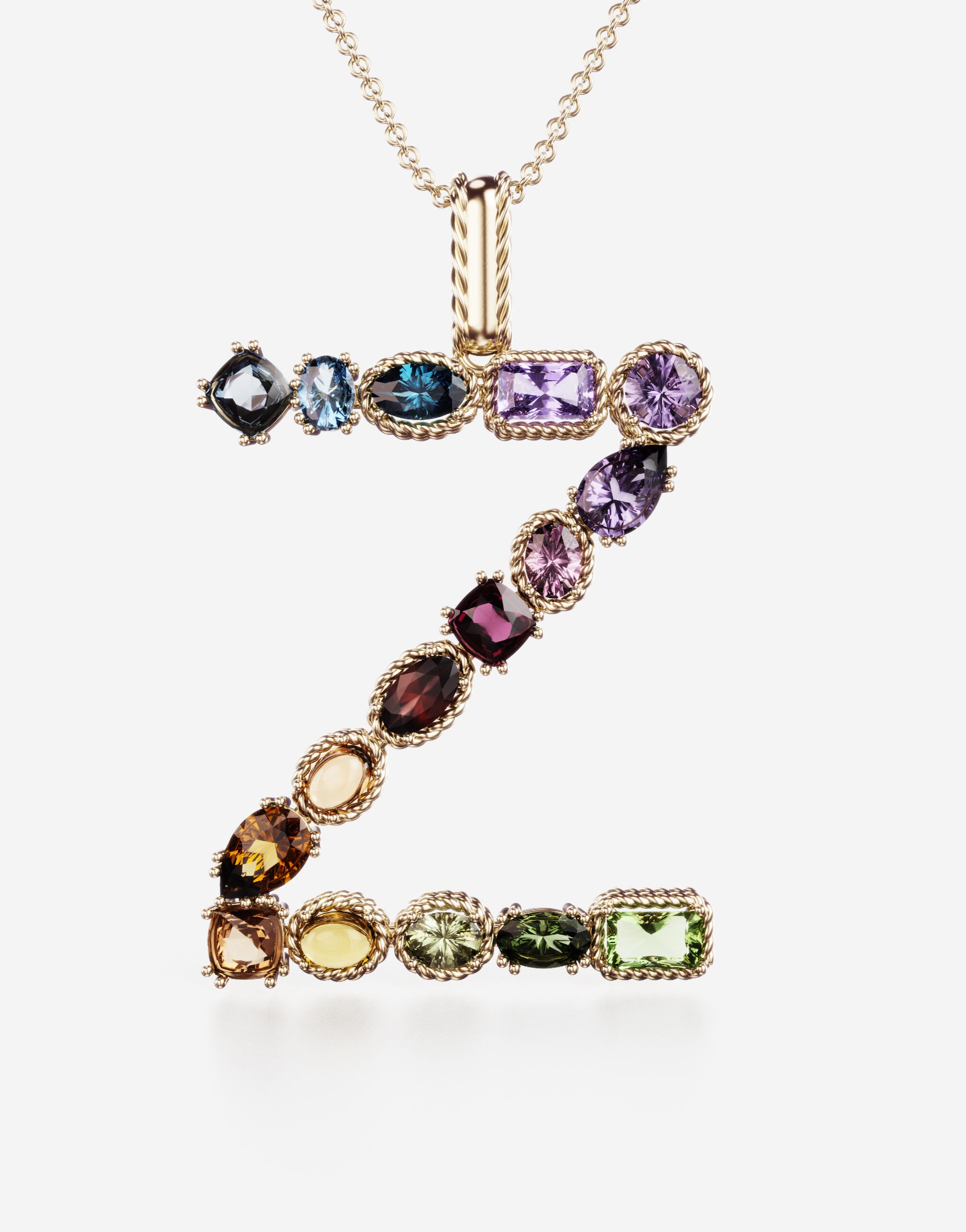 Rainbow alphabet Z pendant in yellow gold with multicolor fine gems - 2