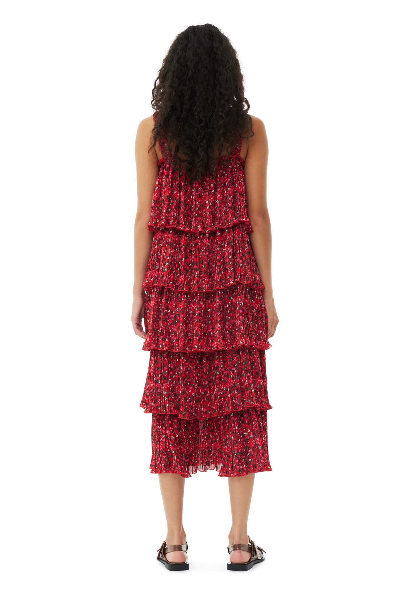 RED PLEATED GEORGETTE FLOUNCE STRAP MIDI DRESS - 5