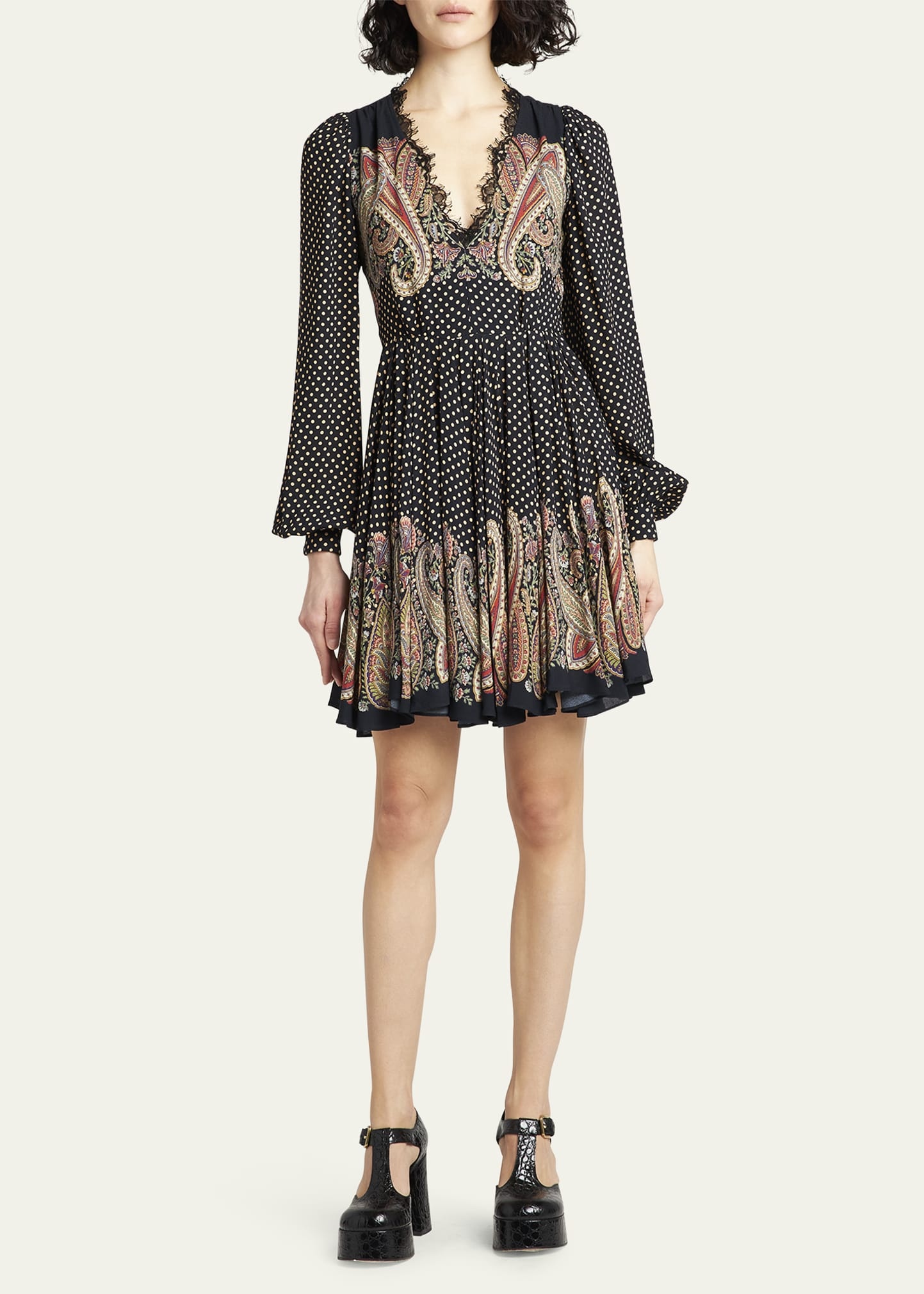 Etro Paisley Polka Dot Fit-Flare Mini Dress