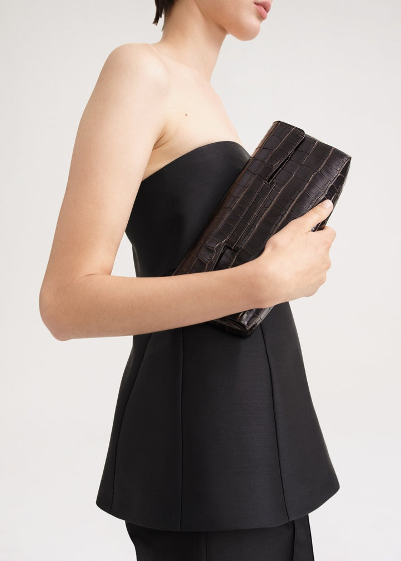 Soft T-clutch dark brown croco 3