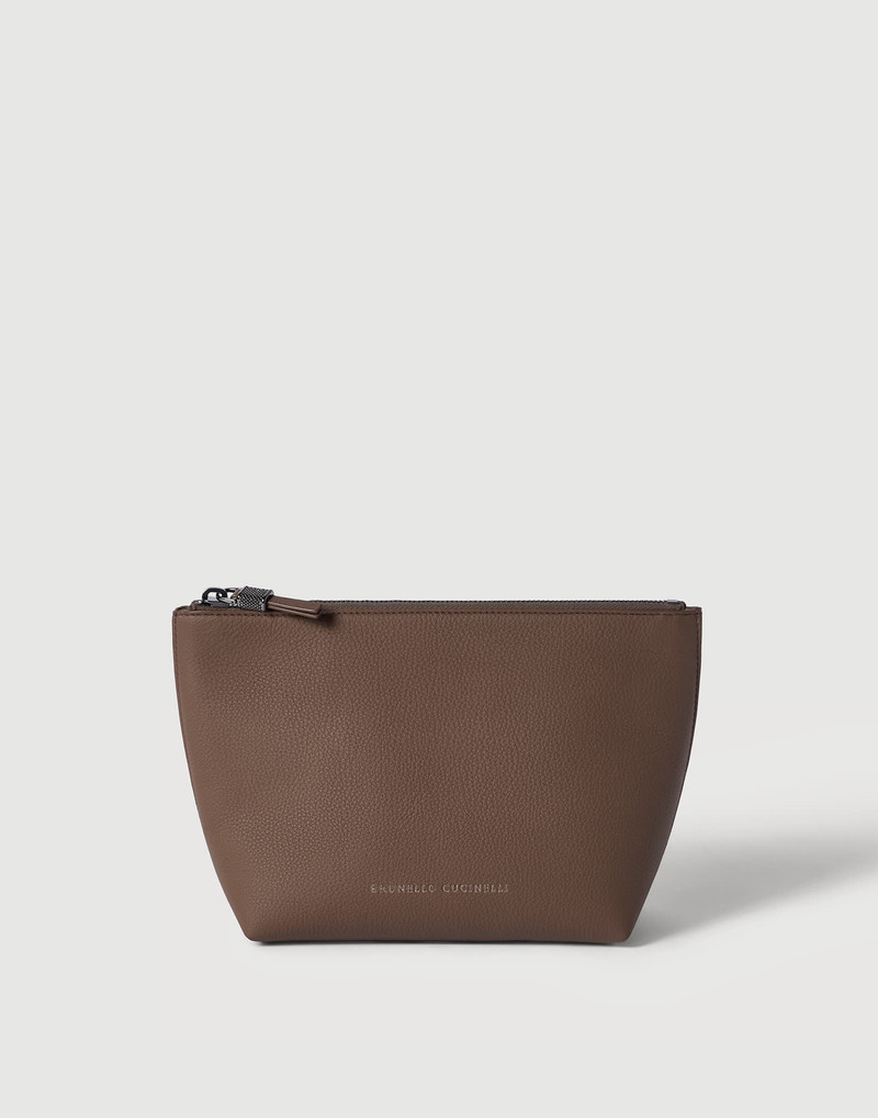 Grained calfskin pouch with shiny zipper pull 1