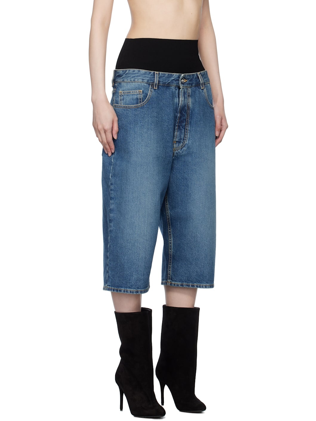 Blue Knitted Waistband Denim Bermuda Shorts - 2