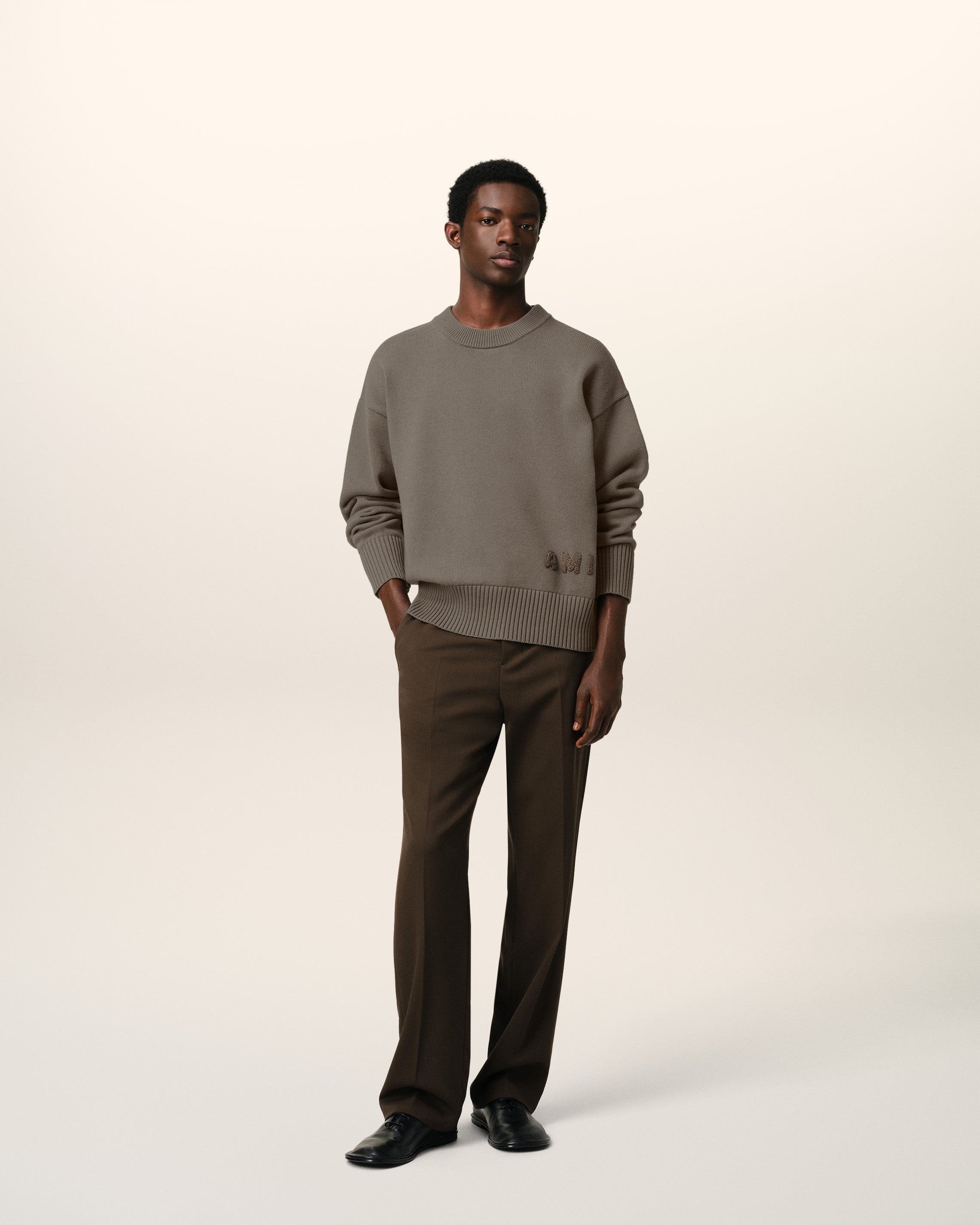 BEIGE COTTON AMI EMBROIDERED CREWNECK SWEATER - 2