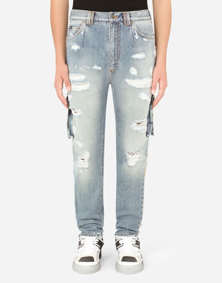 Loose light blue cargo jeans with rips - 1