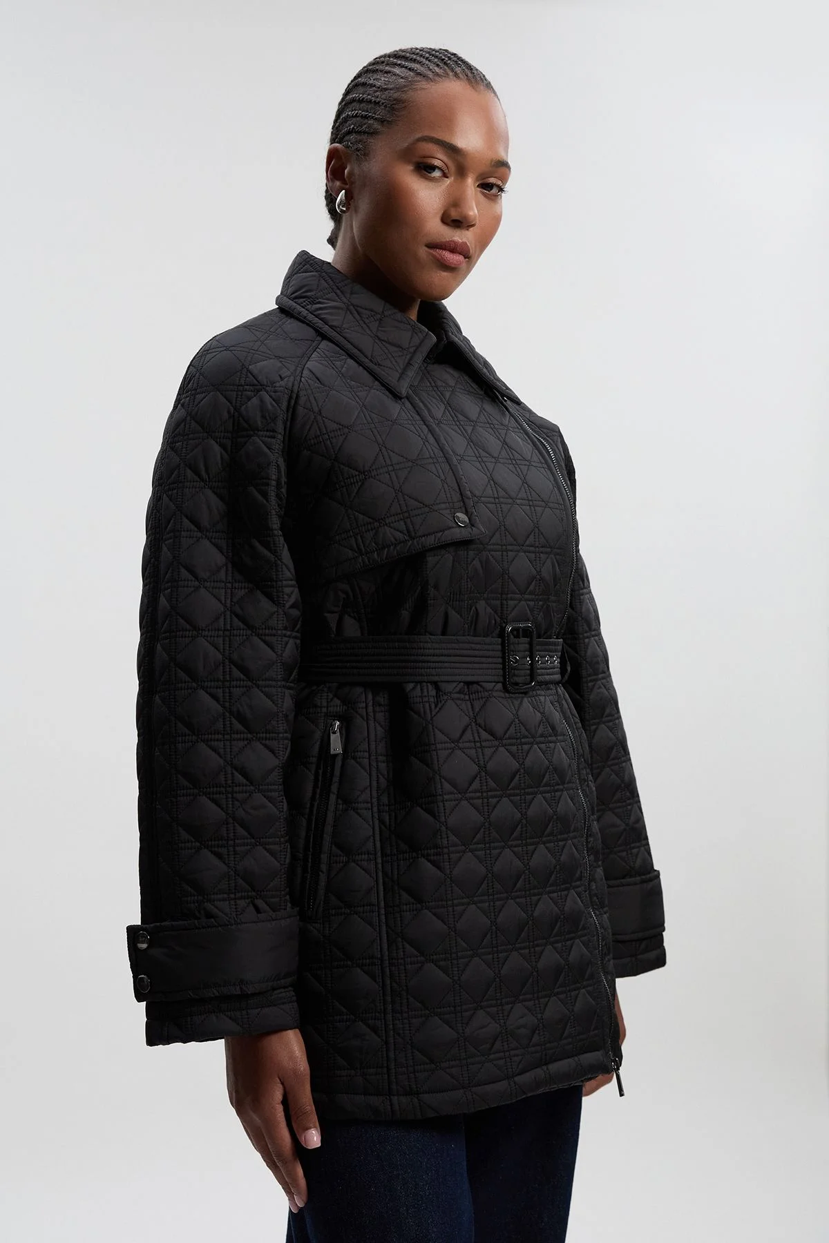 Plus Size Diamond Quilted Belted Short Puffer Trench Jacket - 1