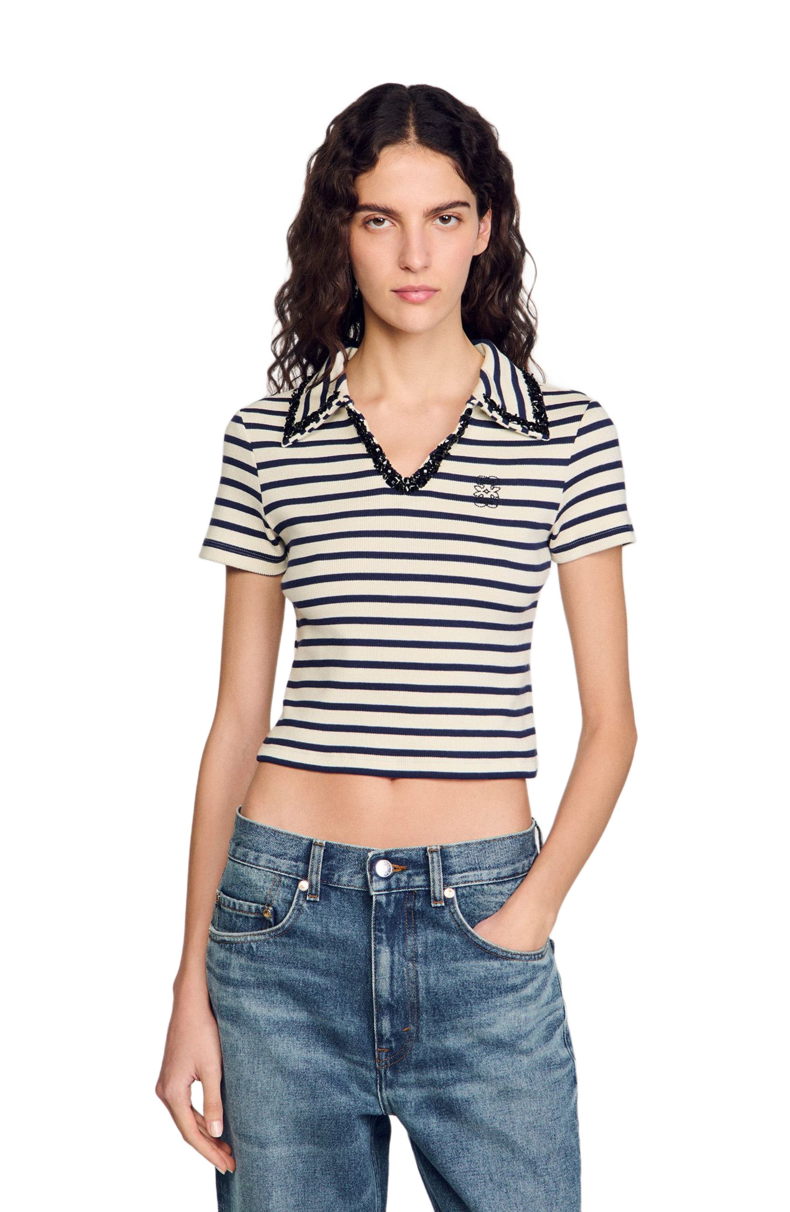 SANDRO Striped polo shirt in Ecru /Navy at Nordstrom - 3
