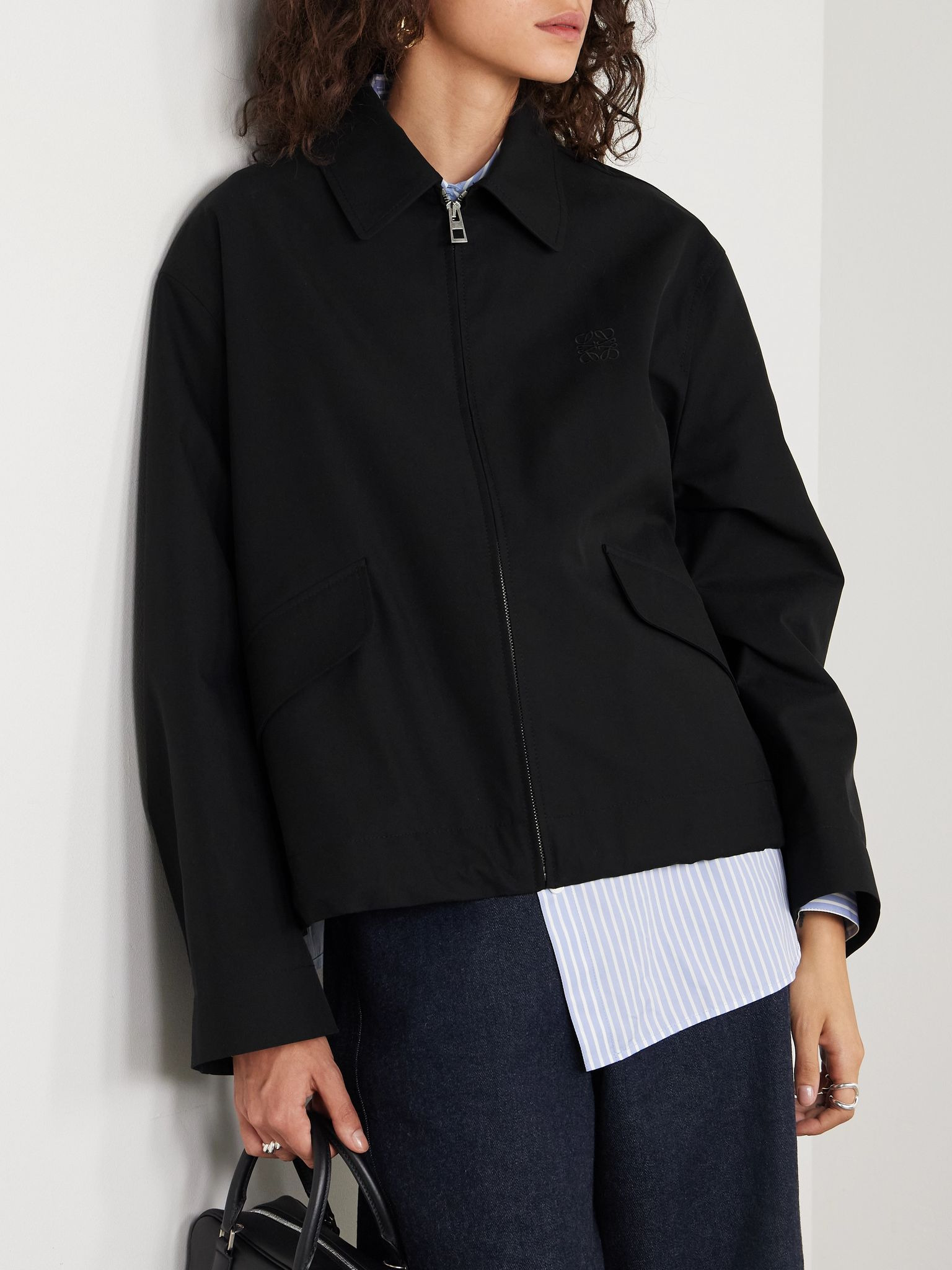 Hooded striped poplin-paneled embroidered cotton-twill jacket Black - 6
