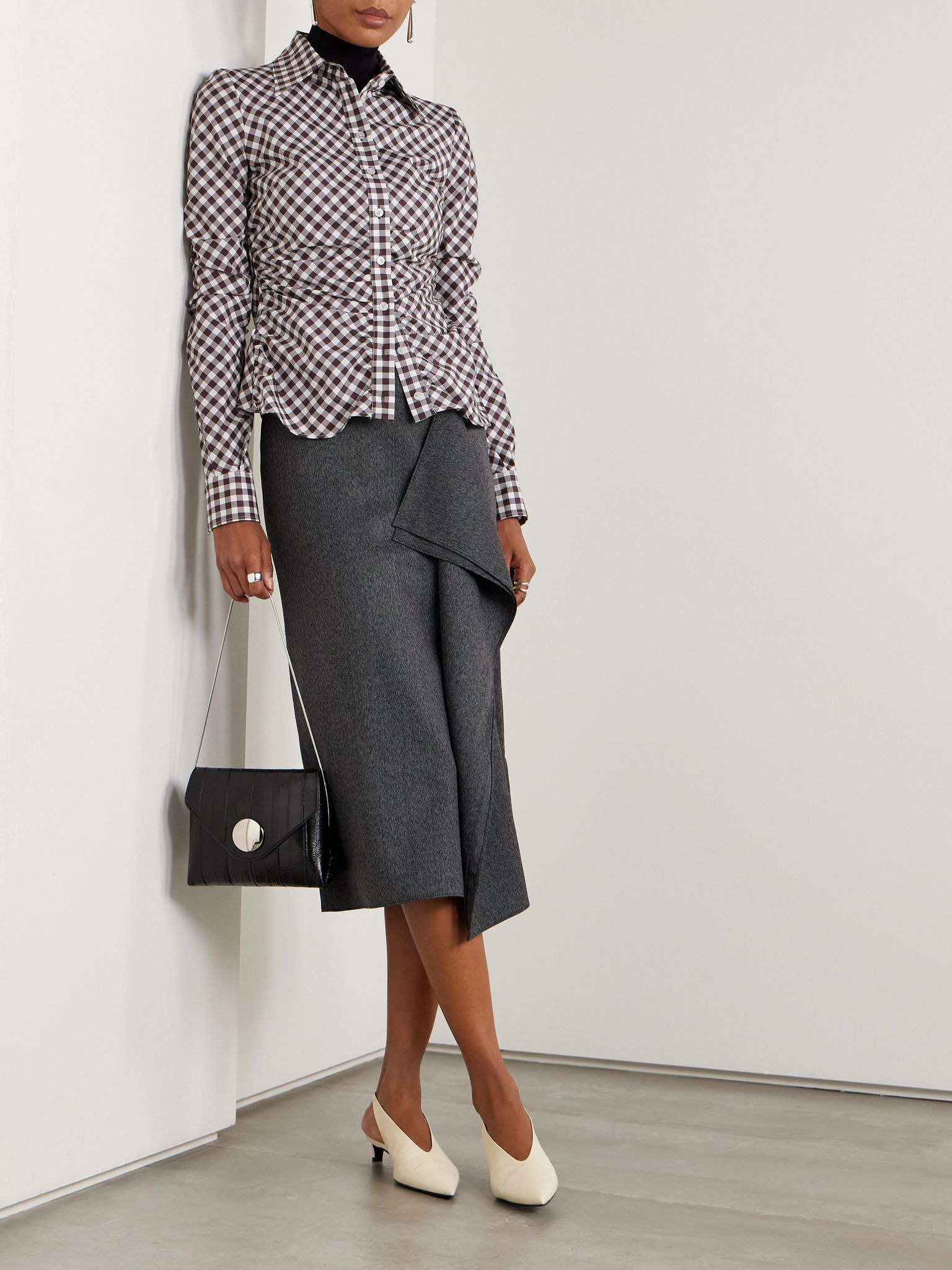 Ruched gingham cotton shirt Brown - 2