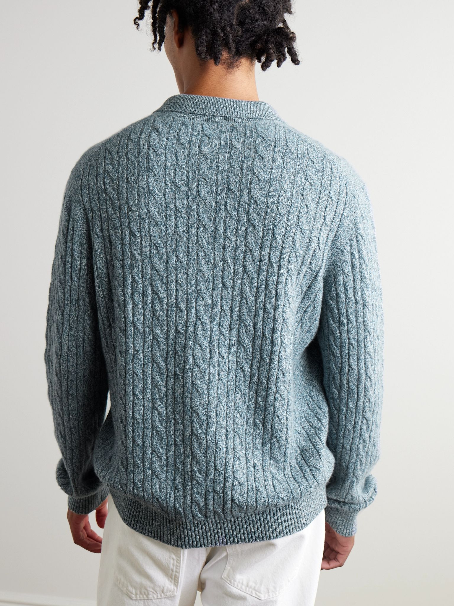 Cable-Knit Cashmere Polo Sweater Blue - 3