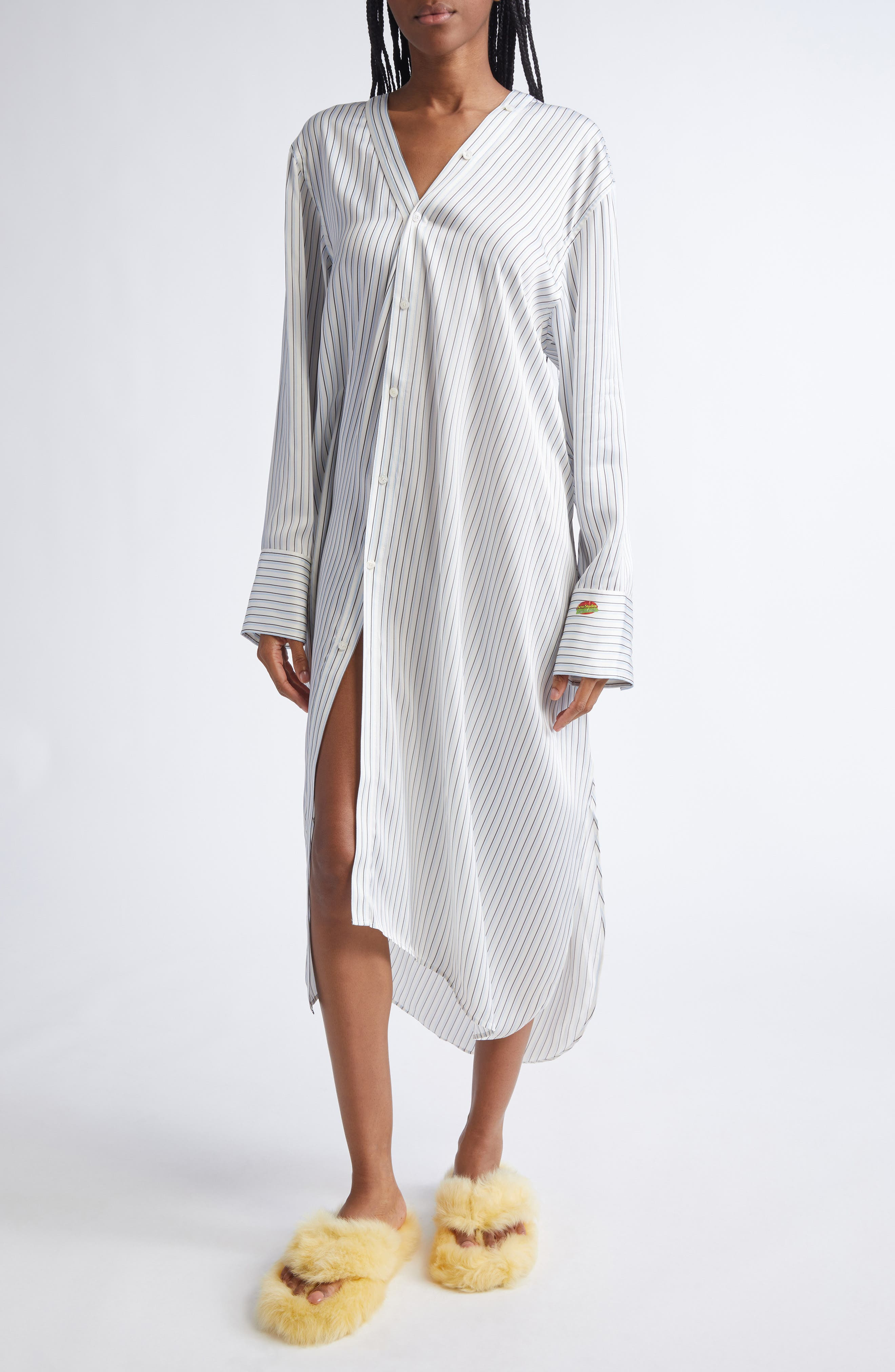 Acne Studios Dothy Stripe Long Sleeve Asymmetric Cotton Midi Shirtdress in Blue/White at Nordstrom - 4