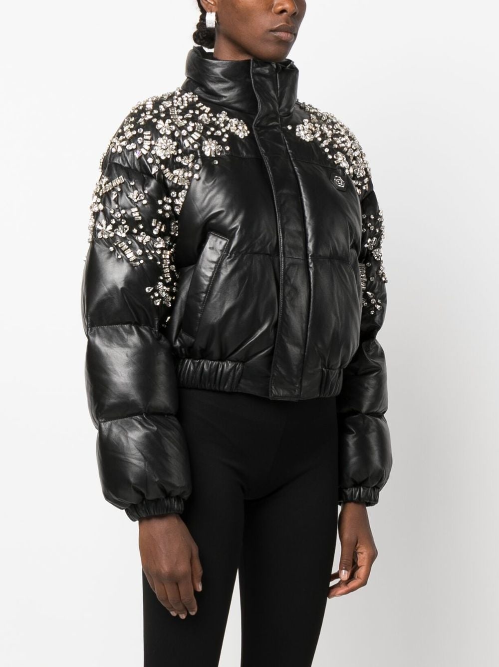 crystal-embellished leather puffer jacket - 3