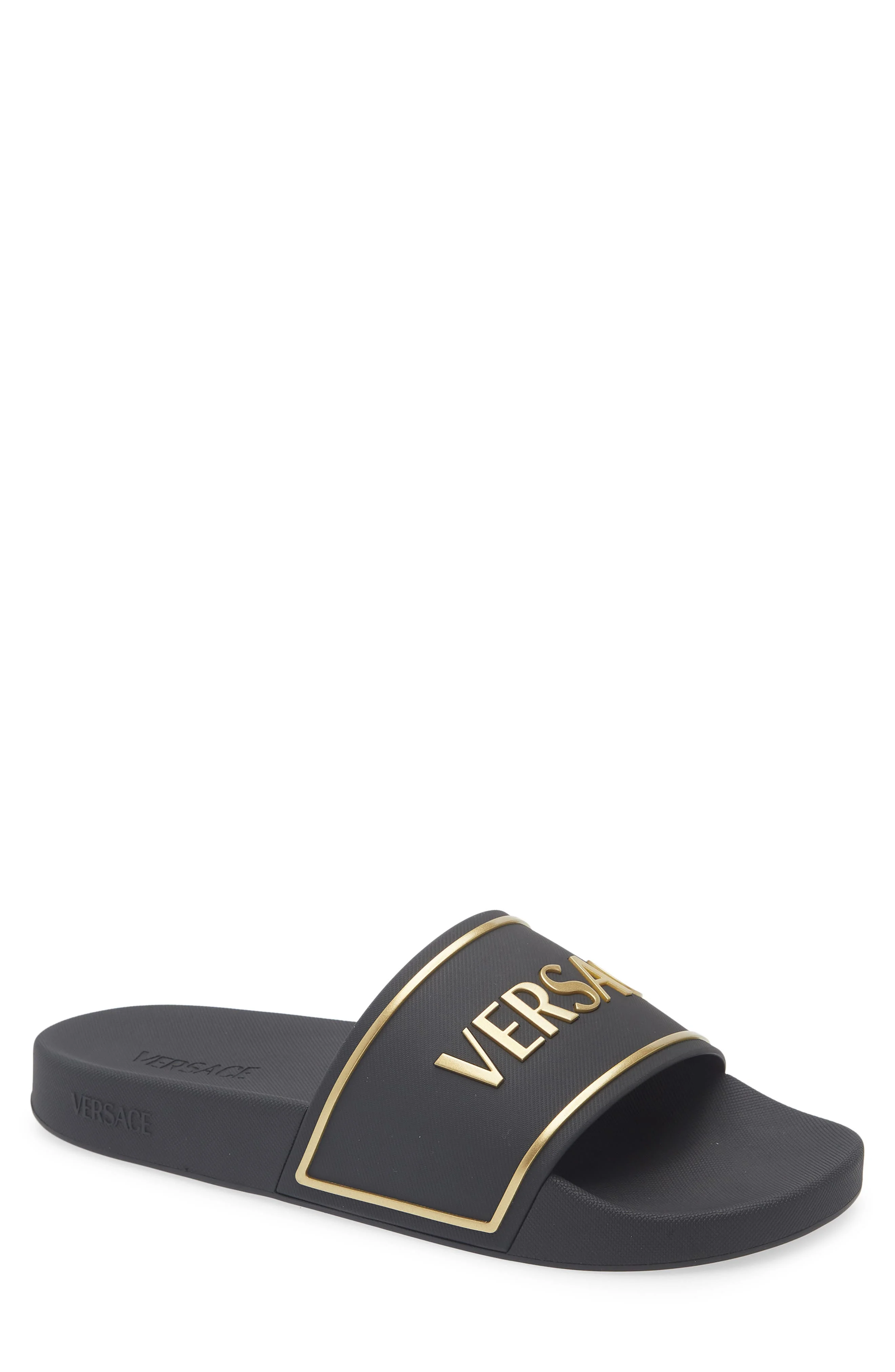 Versace Logo Pool Slide Sandal in Black Gold at Nordstrom - 1