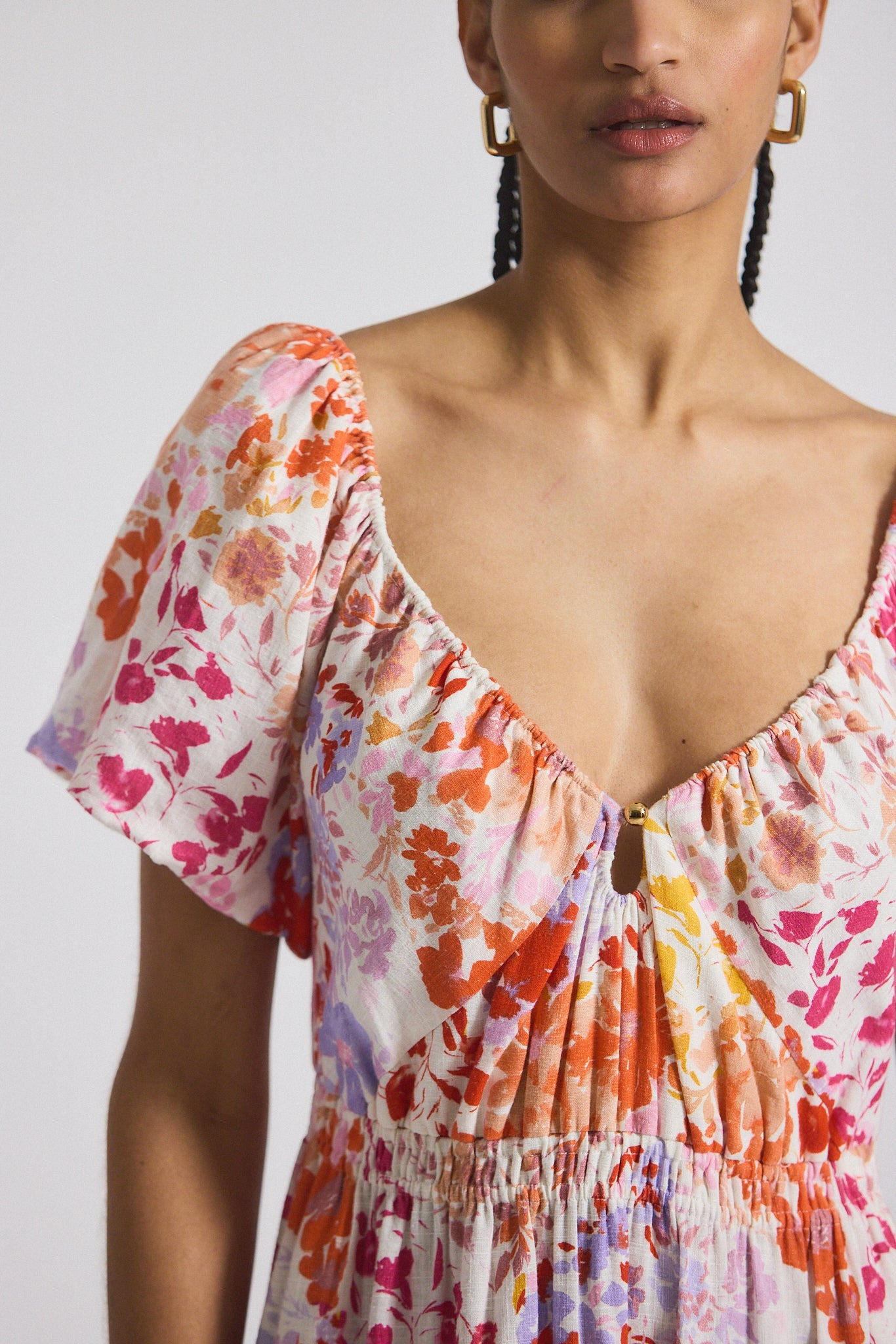 LAINE FLORAL PRINTED STRETCH LINEN PUFF SLEEVE MAXI DRESS - 2