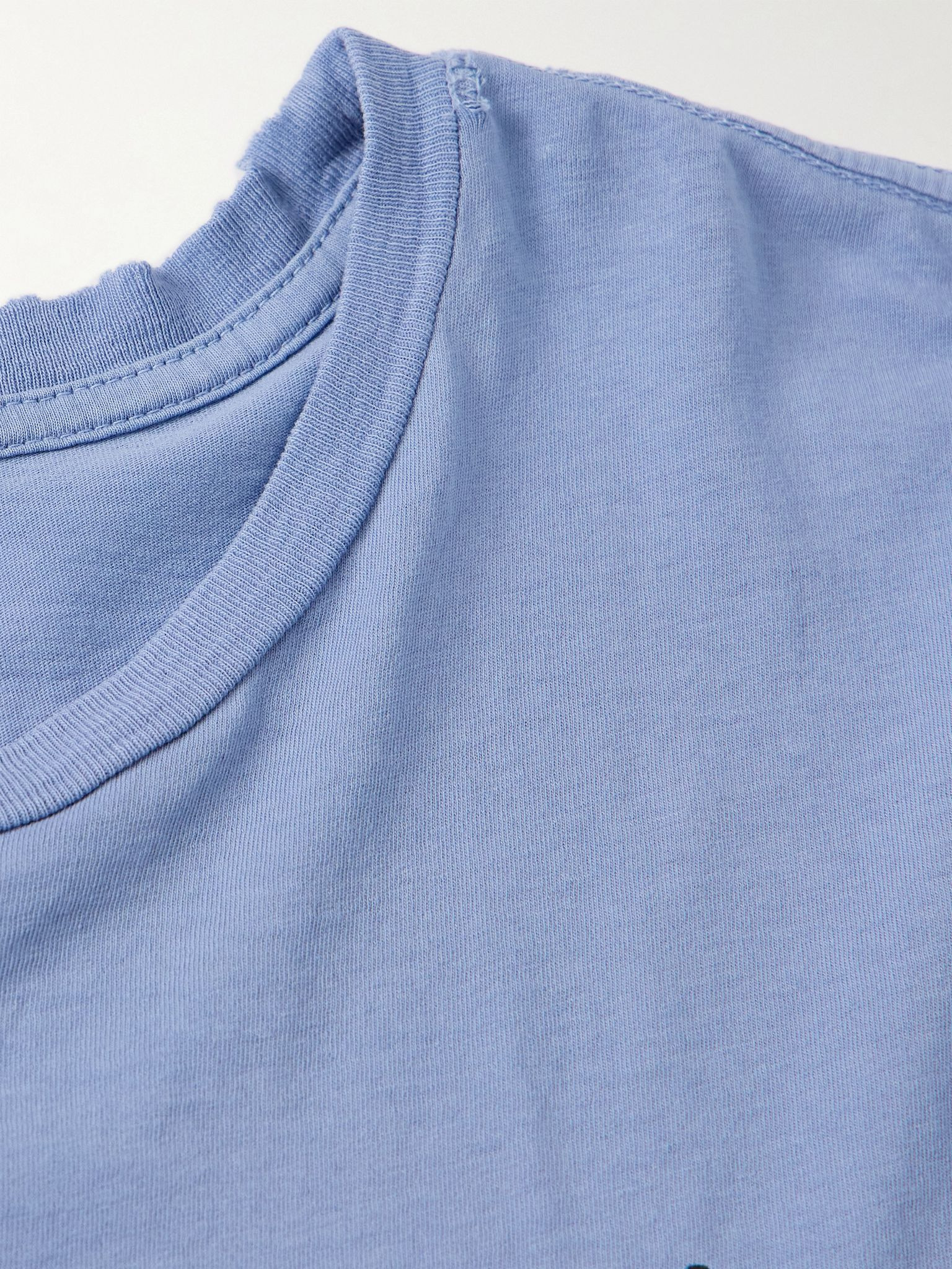 Cropped Distressed Logo-Print Garment-Dyed Cotton-Jersey T-Shirt Blue - 4