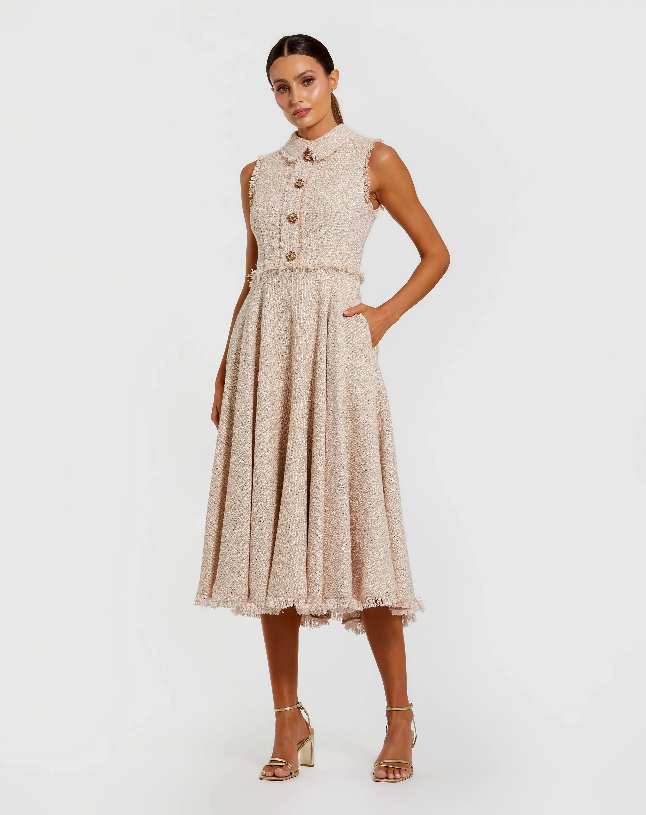 Pink Boucle Sleeveless Collared Button Up Midi Dress - 1
